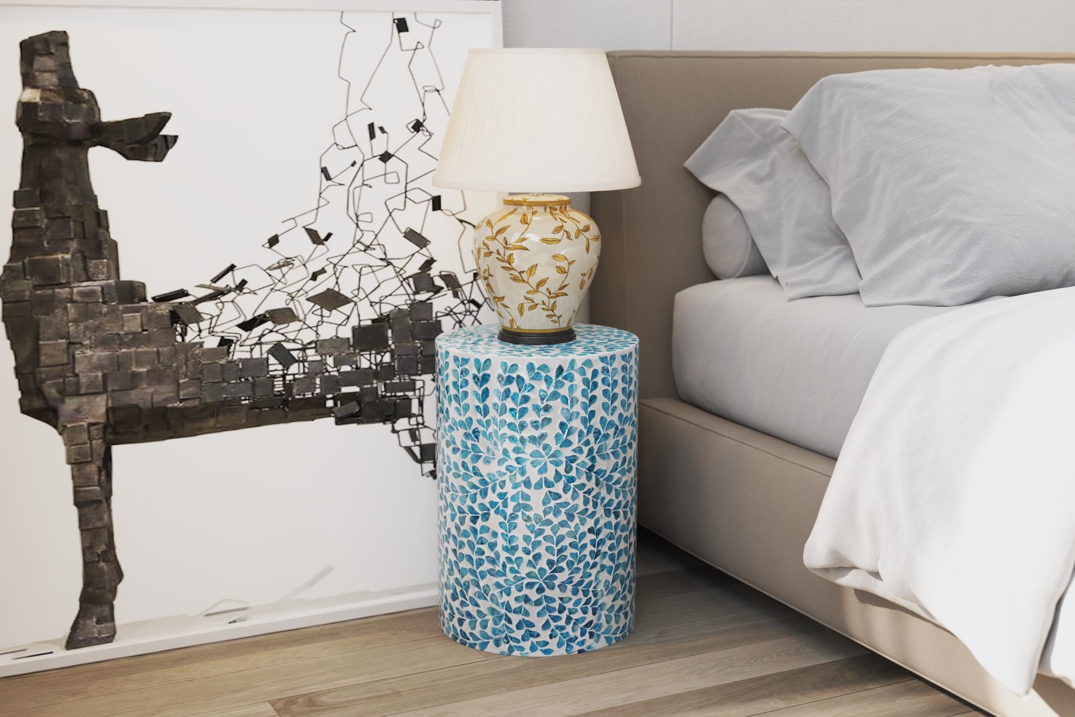 Teal Floral Drum End Table