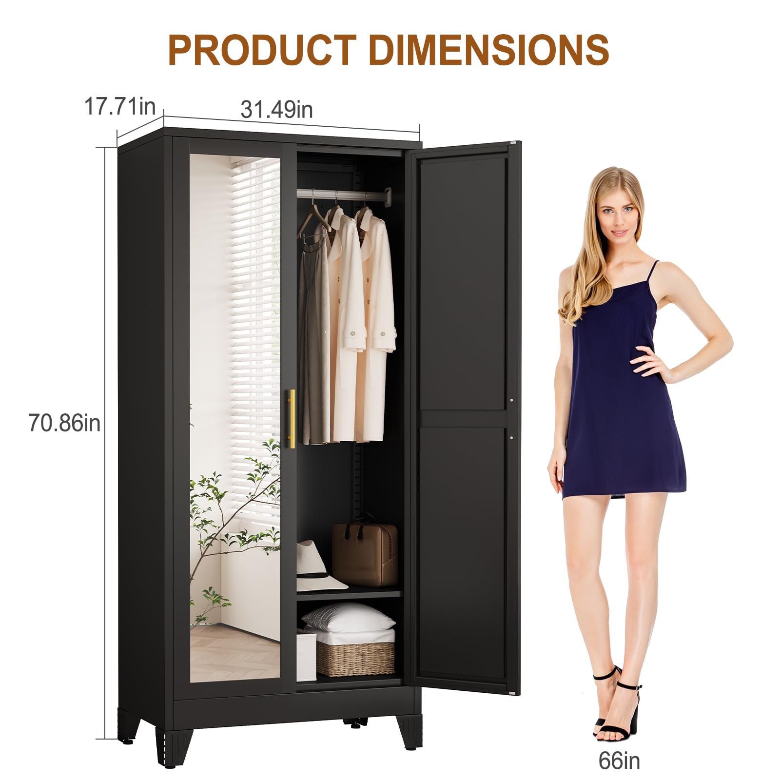 Metal Armoire Wardrobe Closet with Mirror and Hanging Rod