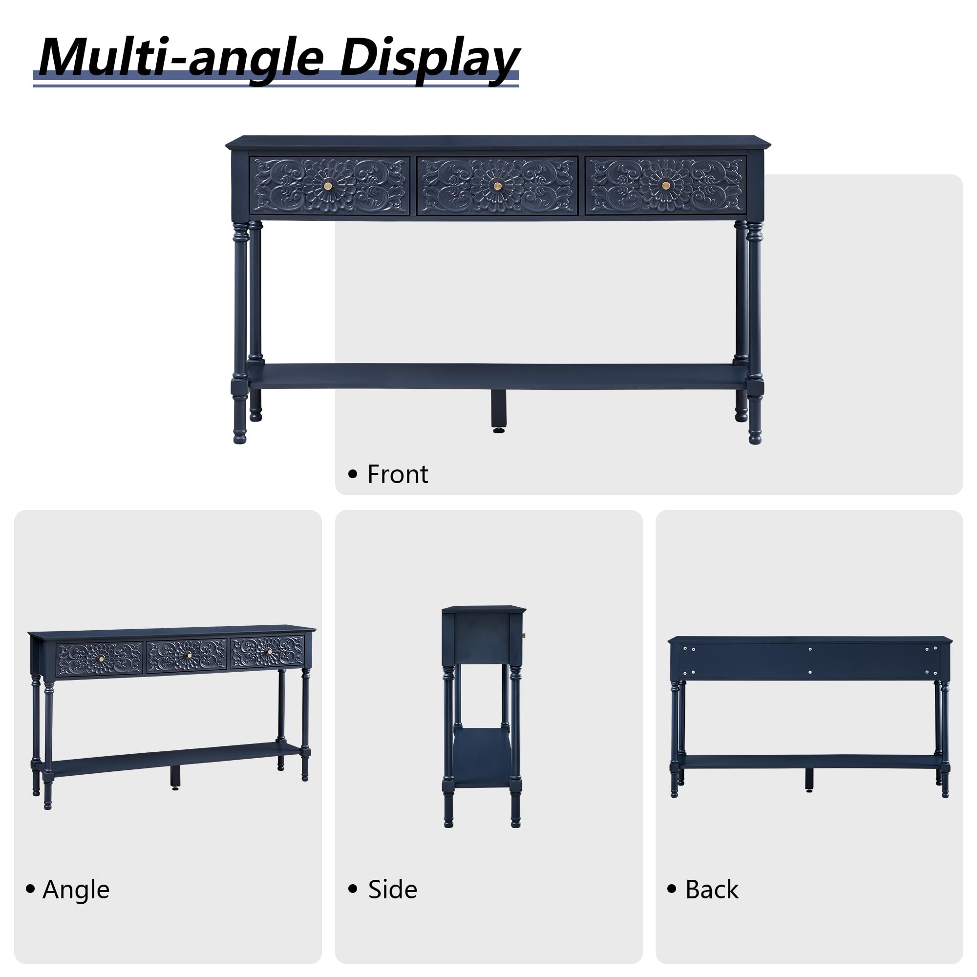 55.5" Carved Console Table with 3 Drawers