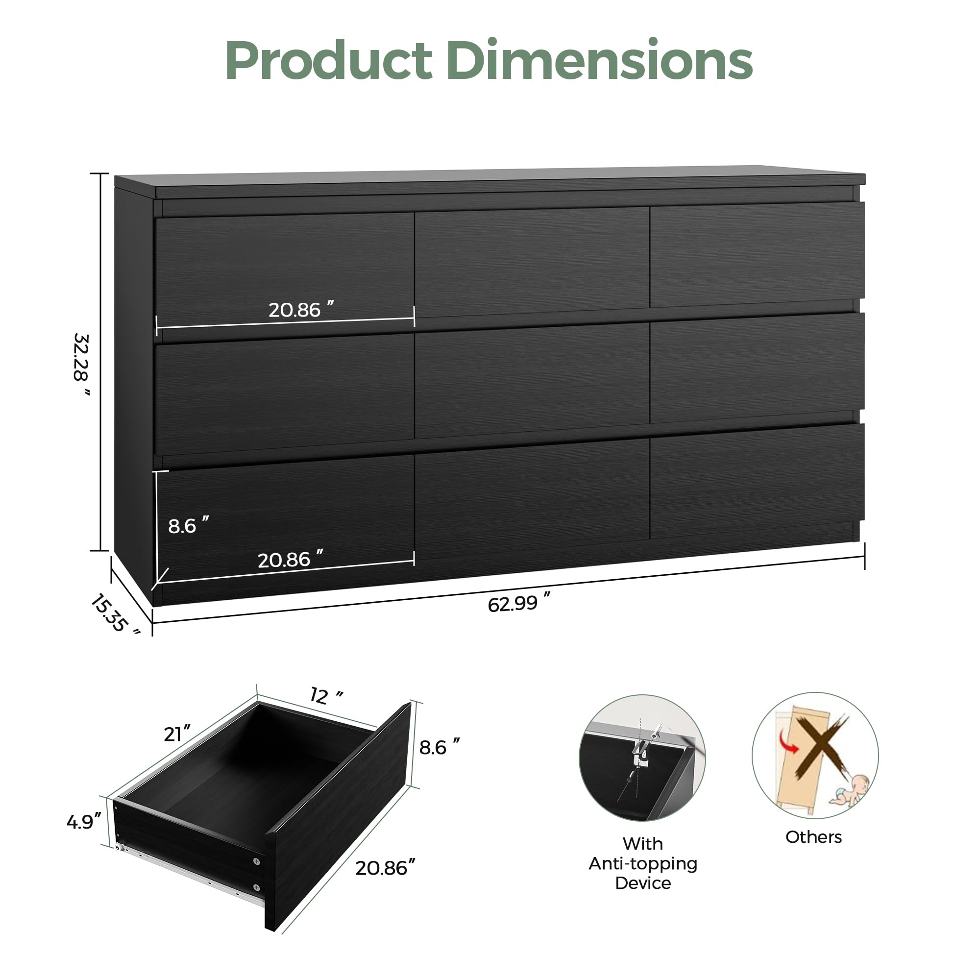 Modern Black 9-Drawer Dresser with Deep Storage