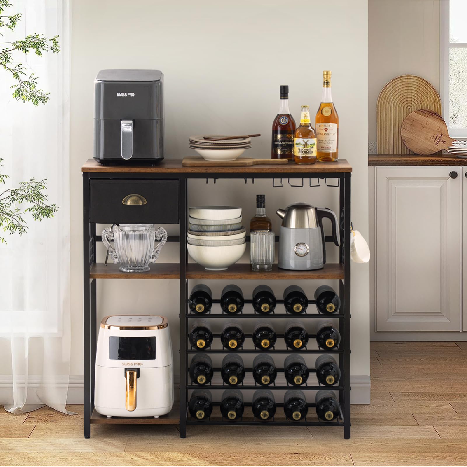 5-Tier Wood Wine Rack with Glass Holder