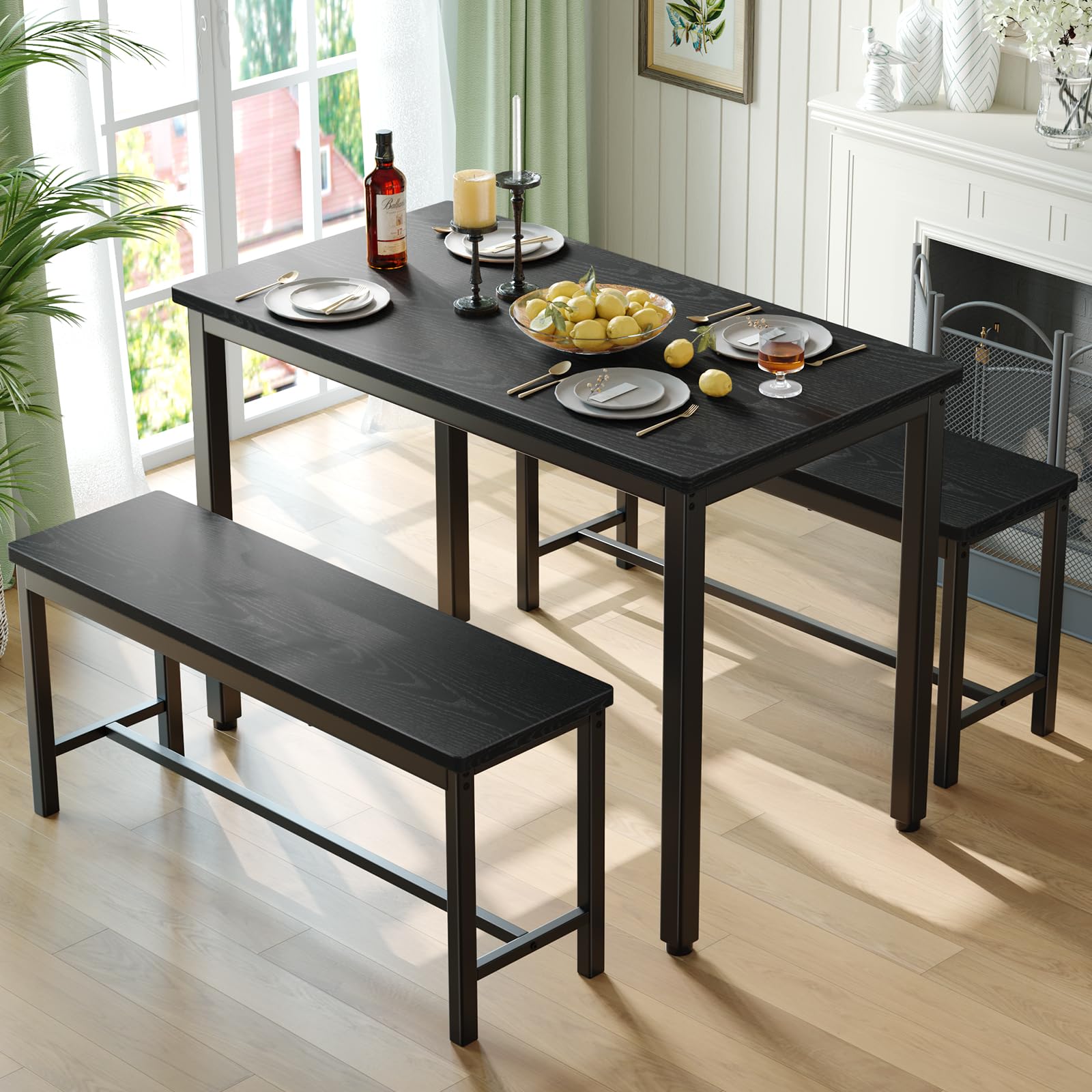 3-Piece Dining Table Set with 2 Benches