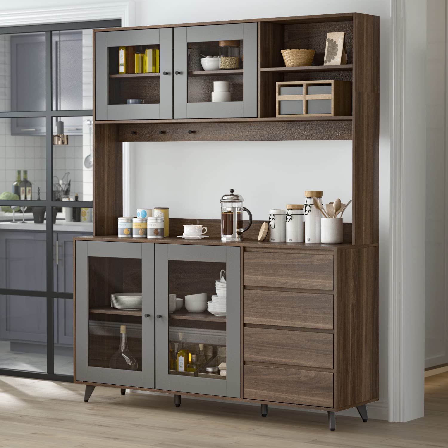 Kitchen Pantry Storage Cabinet with Glass Doors