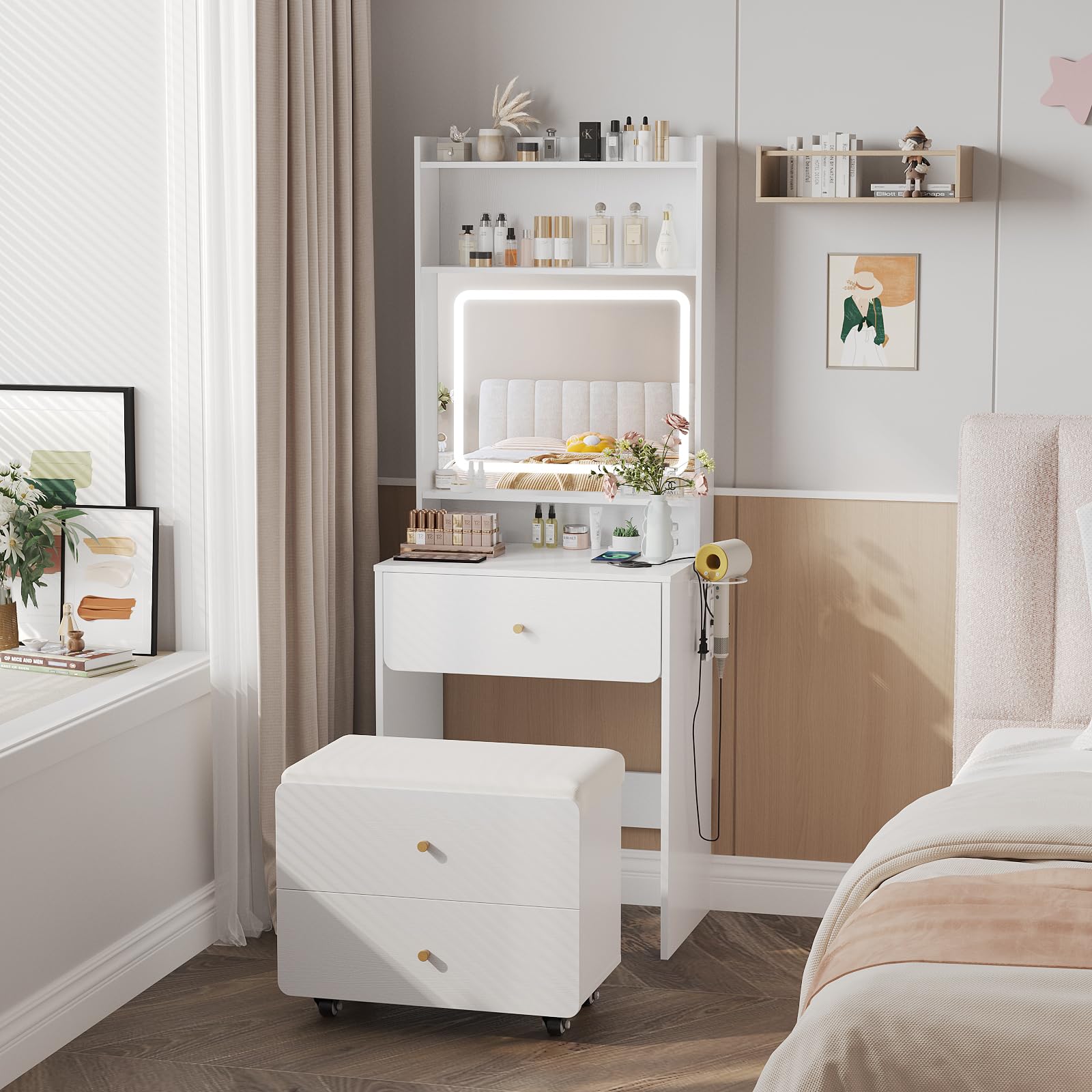 Vanity Desk with LED Mirror and Charging Station