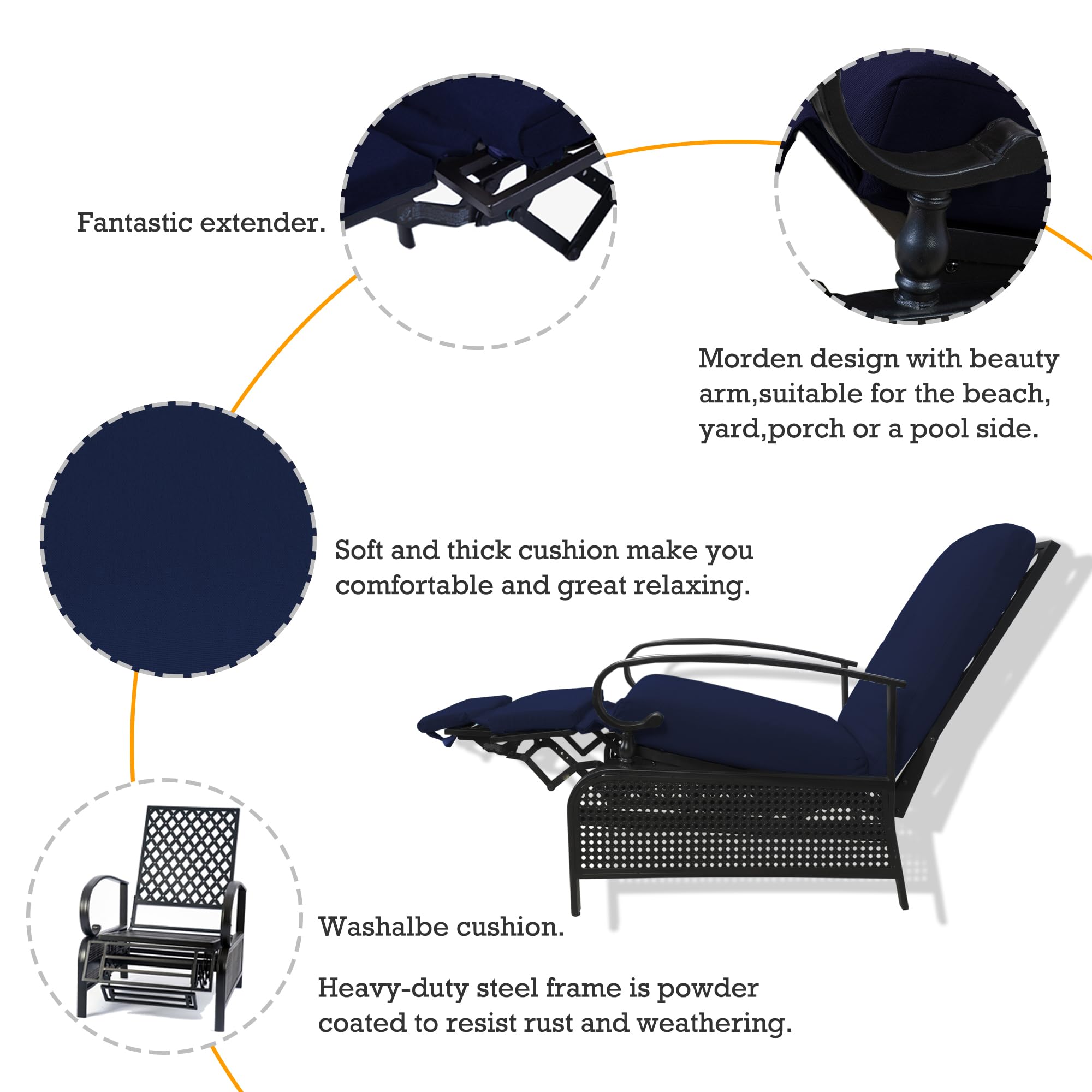 Adjustable Outdoor Reclining Lounge Chair with Cushioned Patio Chaise