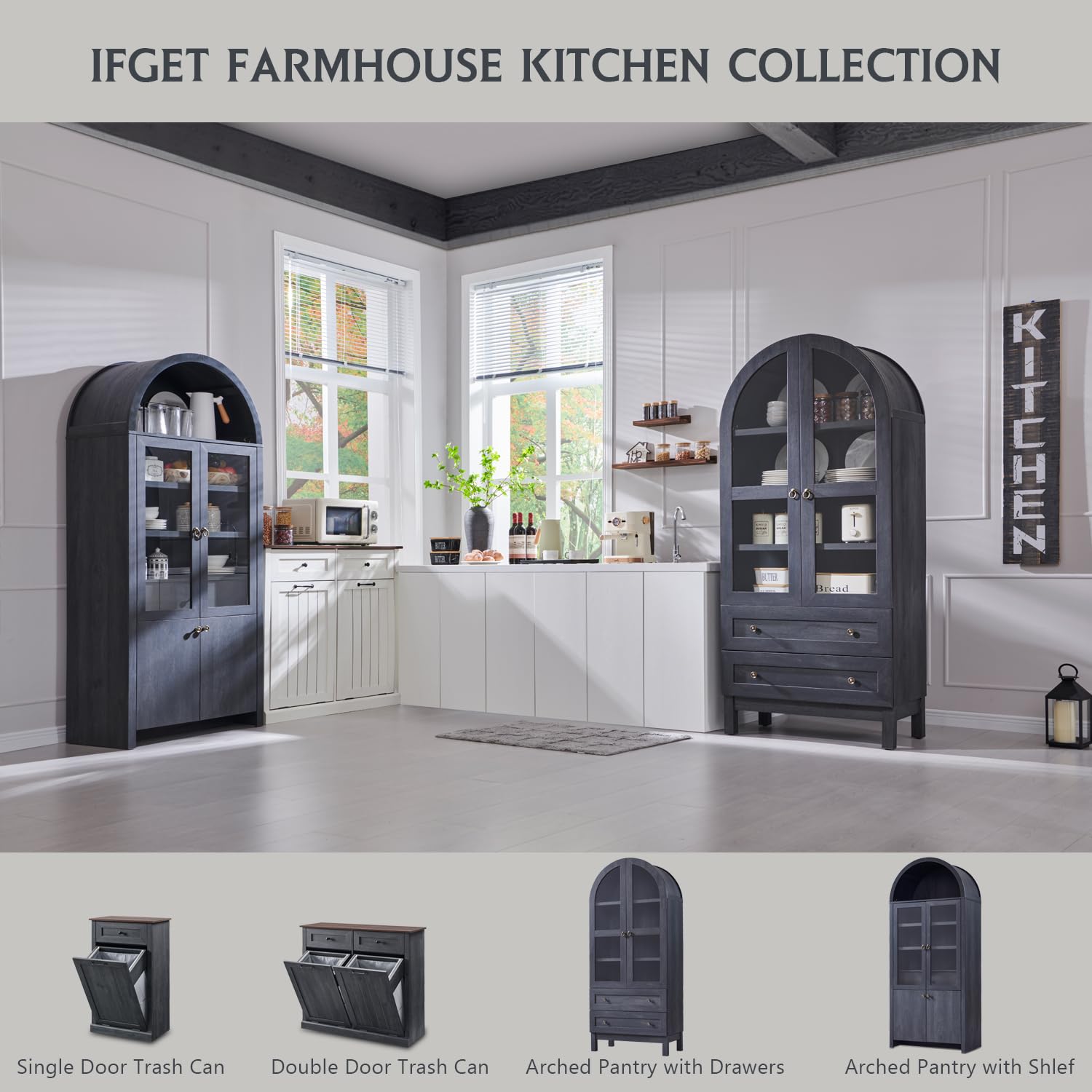 71" Tall Arched Kitchen Pantry Cabinet with Glass Doors
