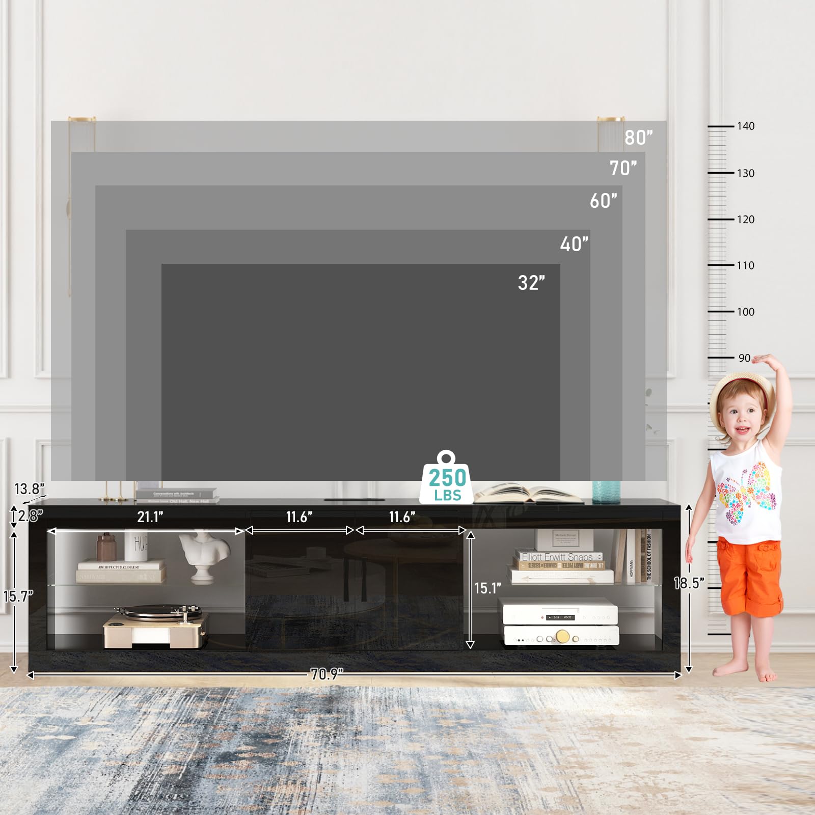 70 Inch LED TV Stand with RGB Lights and Power Outlets