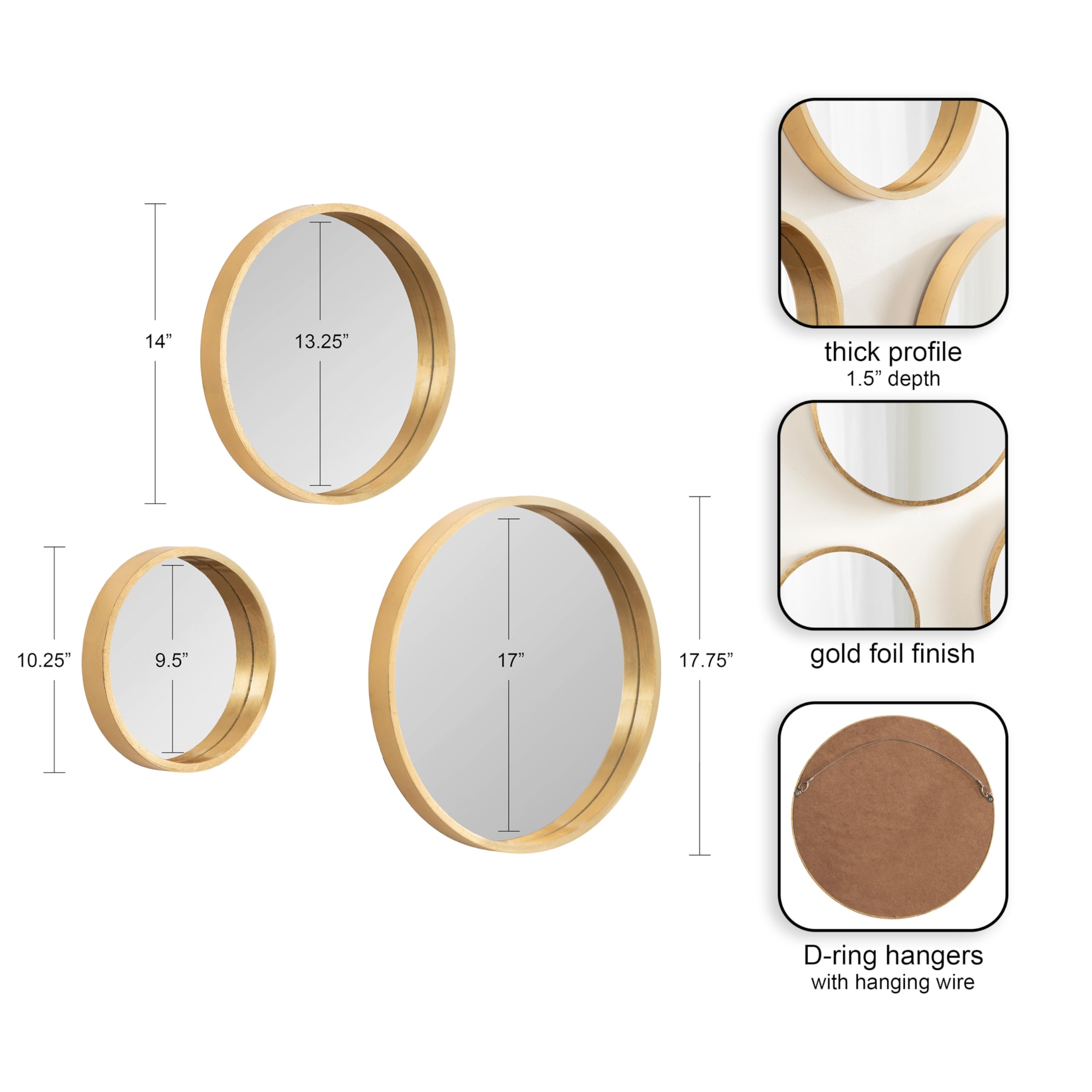 Travis Modern Round Wall Mirror Set - 3 Piece Gold Circle Mirrors