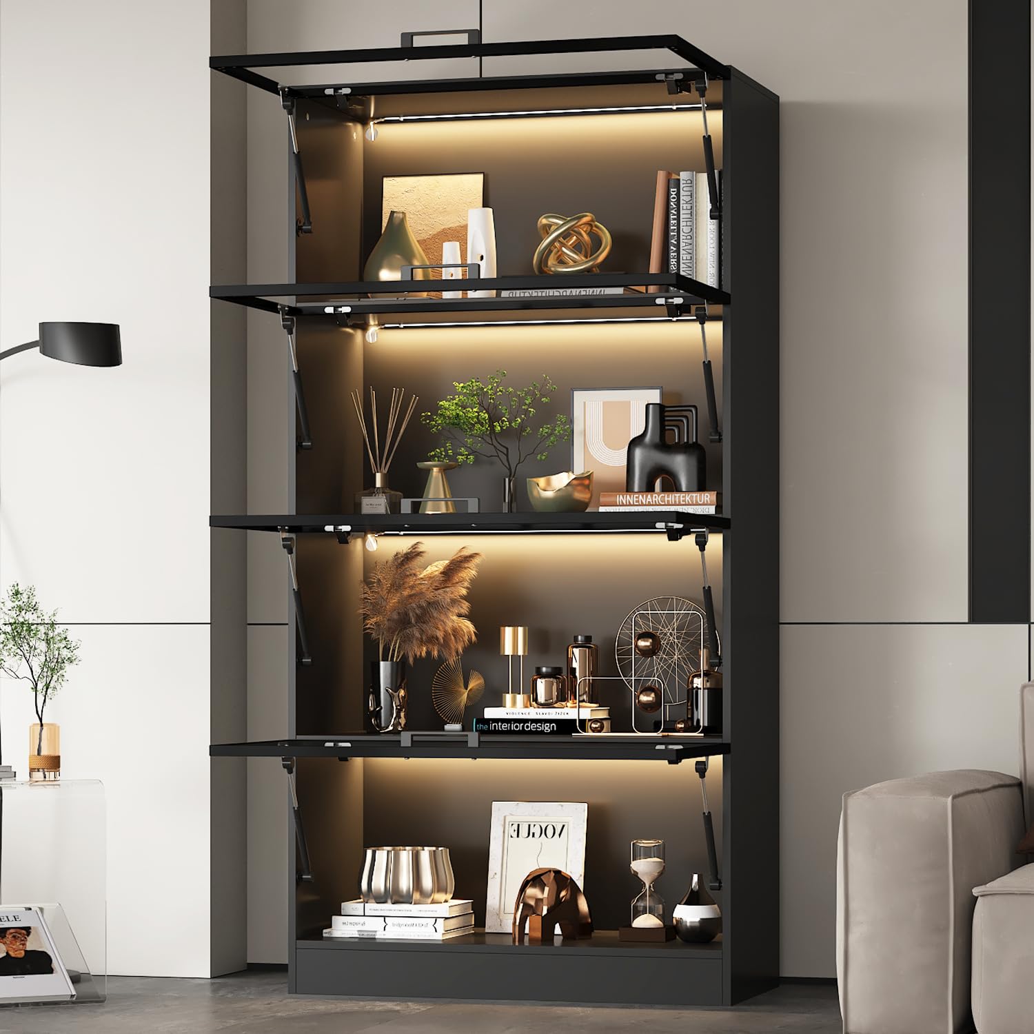 Glass Display Cabinet with LED Lights and Flip-Up Doors