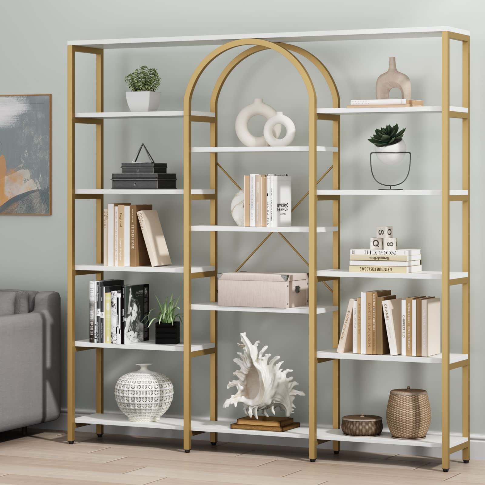 Triple Wide Gold Bookshelf 13-Tier Display Storage