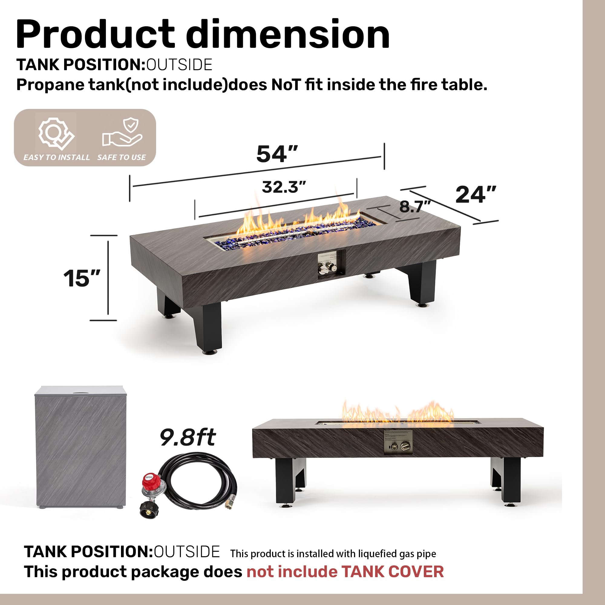 54" Rectangular Propane Fire Pit Table