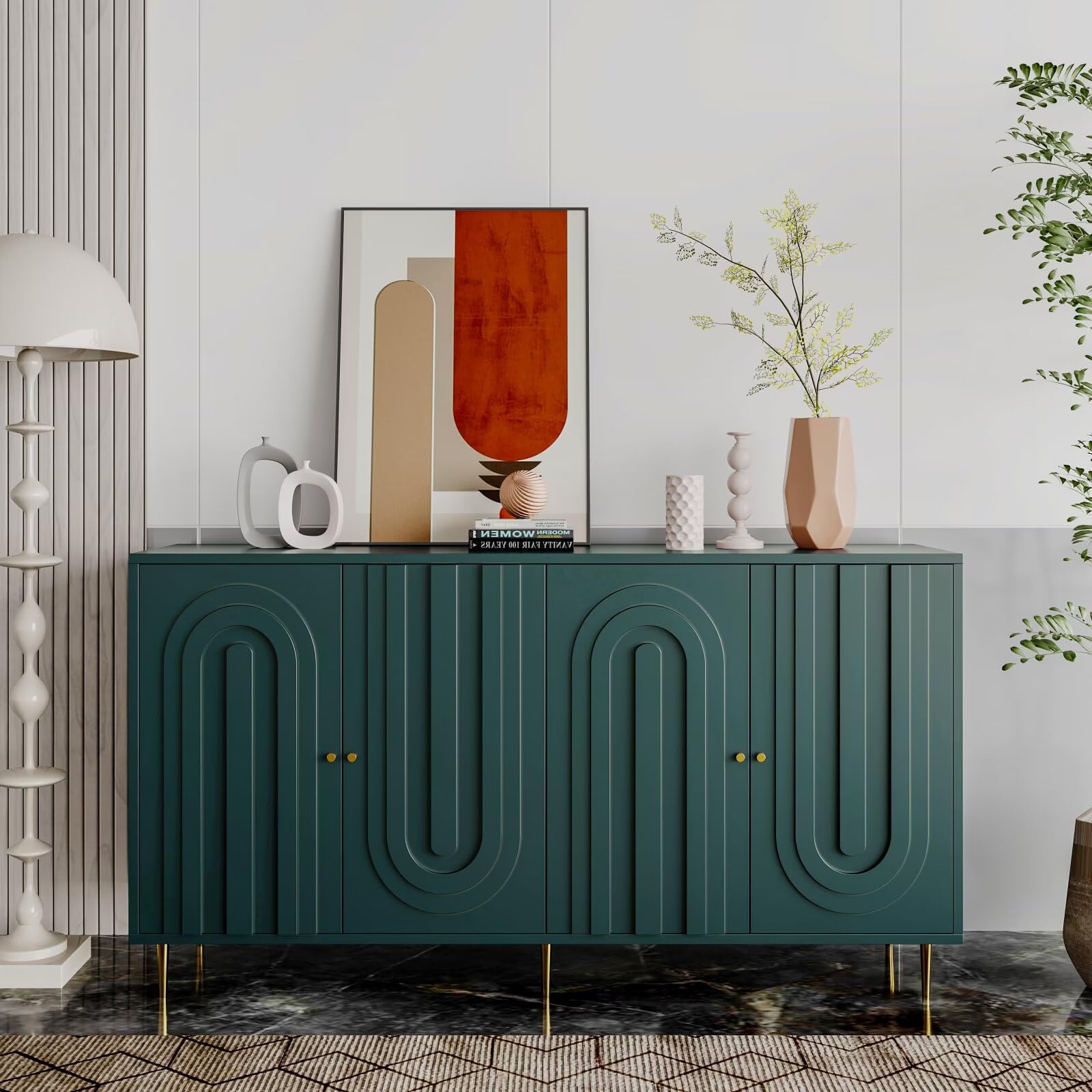 Modern Green Lacquered 4-Door Wooden Sideboard Cabinet