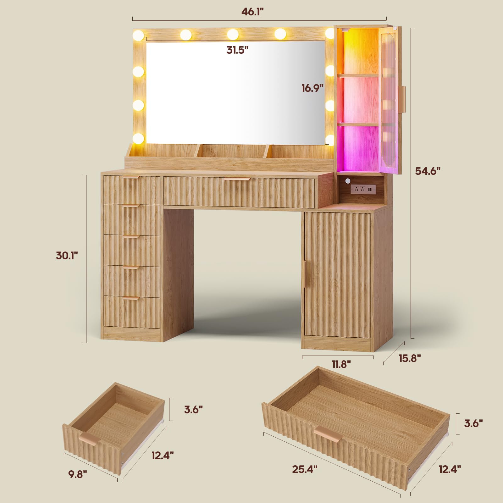 Fluted Makeup Vanity Desk with Large Mirror and Lights