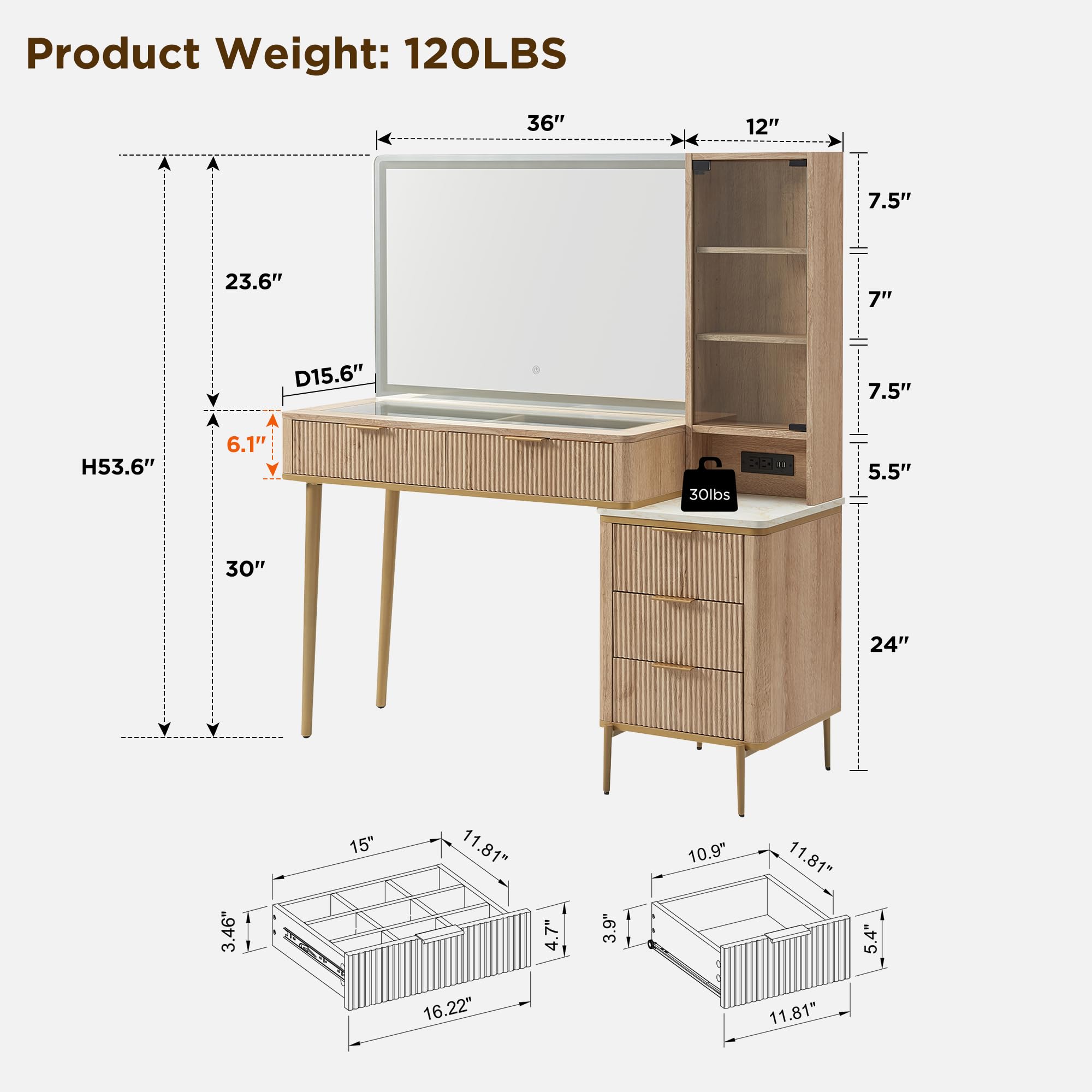 Fluted Makeup Vanity Desk with HD Lighted Mirror and Storage