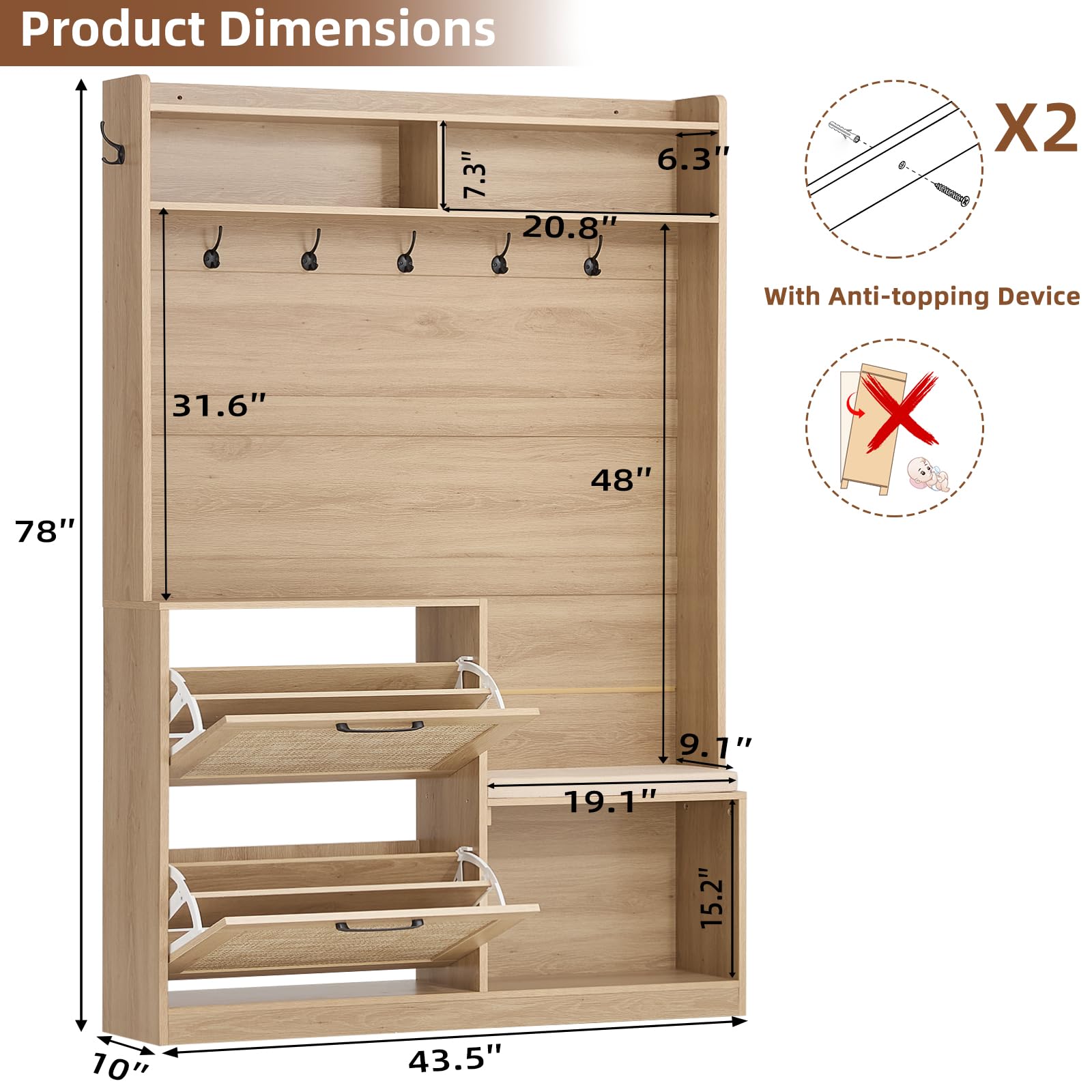 4-in-1 Hall Tree with Bench and Shoe Storage