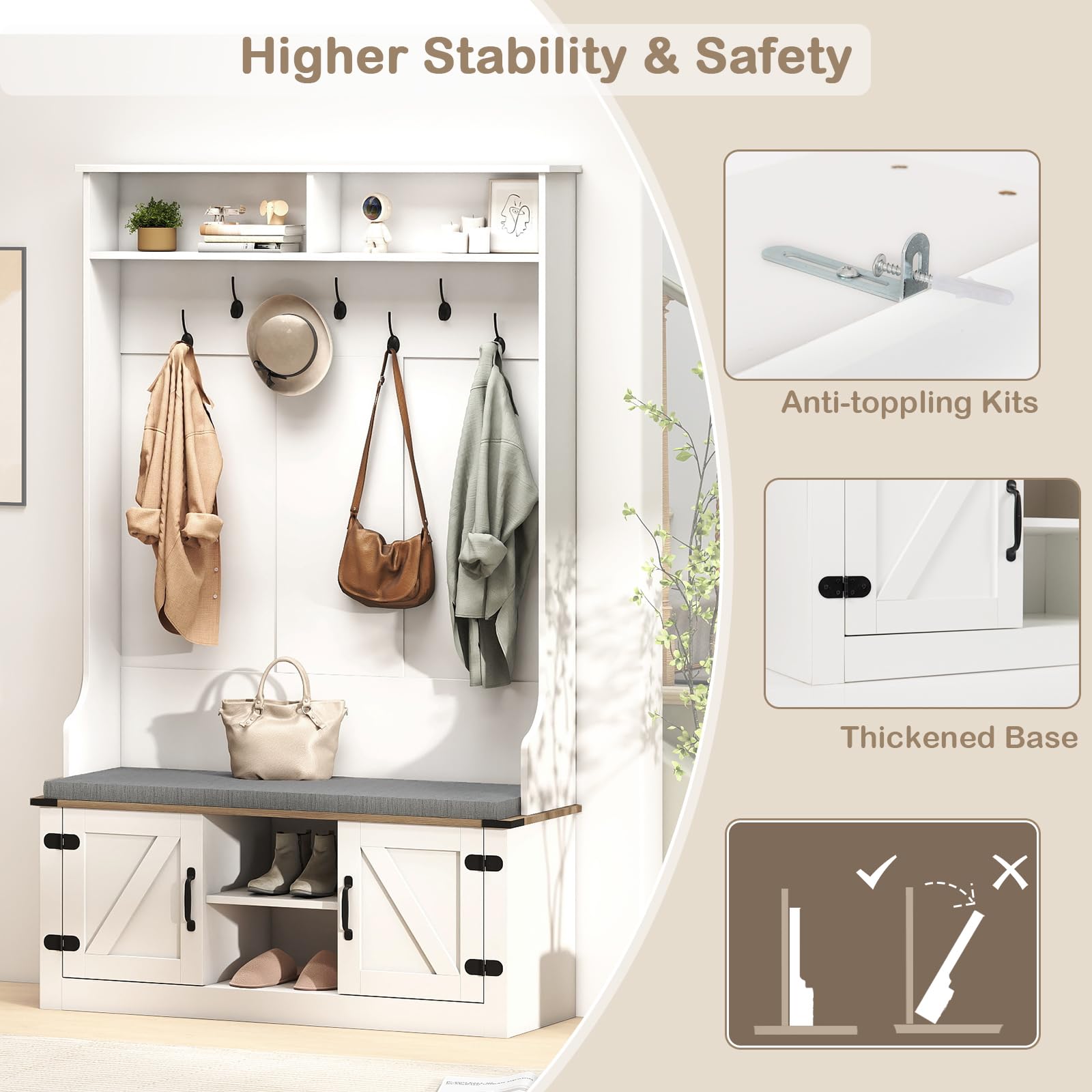 Hall Tree with Cushioned Bench and Shoe Storage