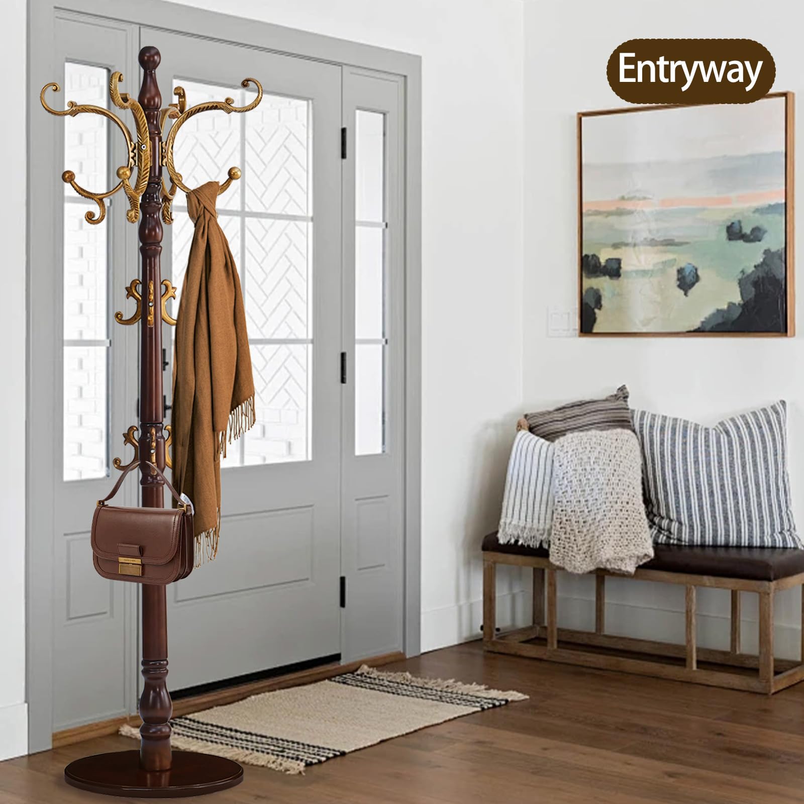 Wooden Coat Rack Stand with 14 Hooks