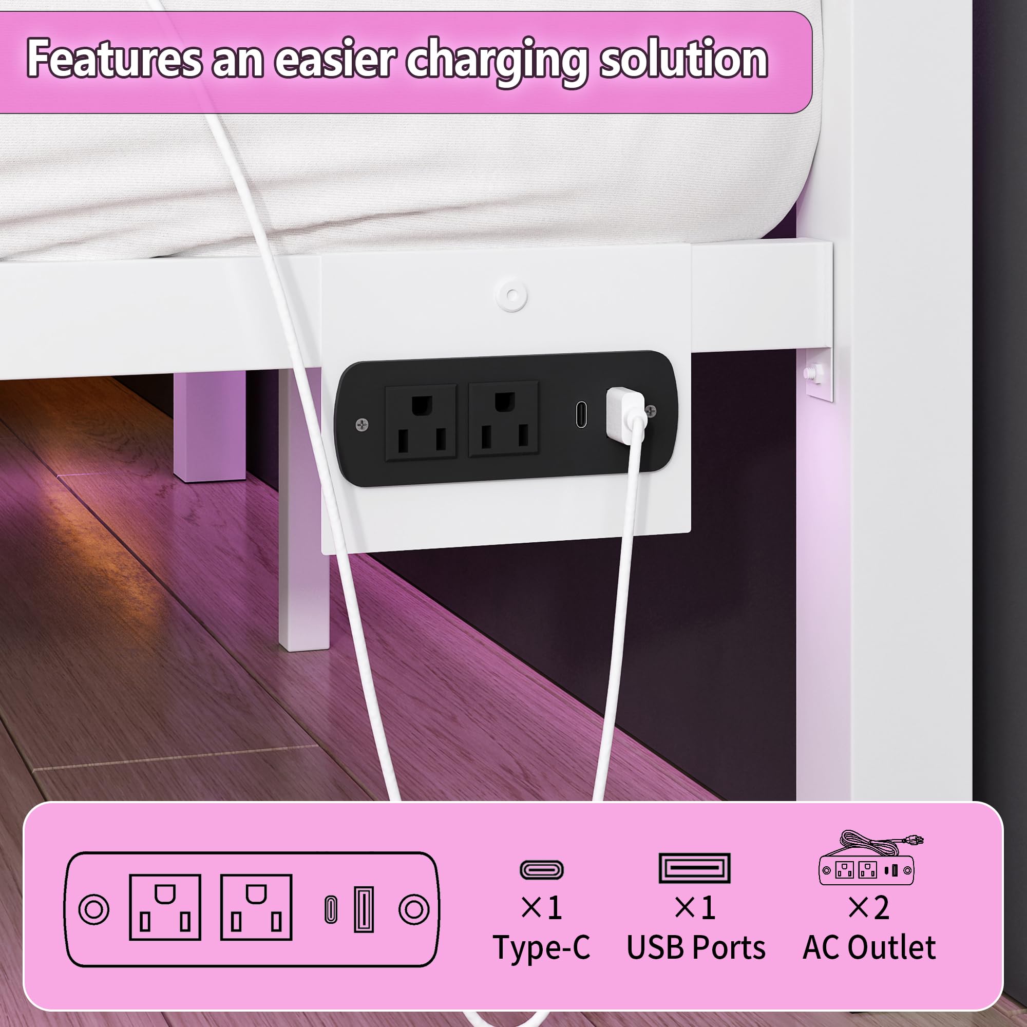 Full Size Metal Bed Frame with LED and USB Charging