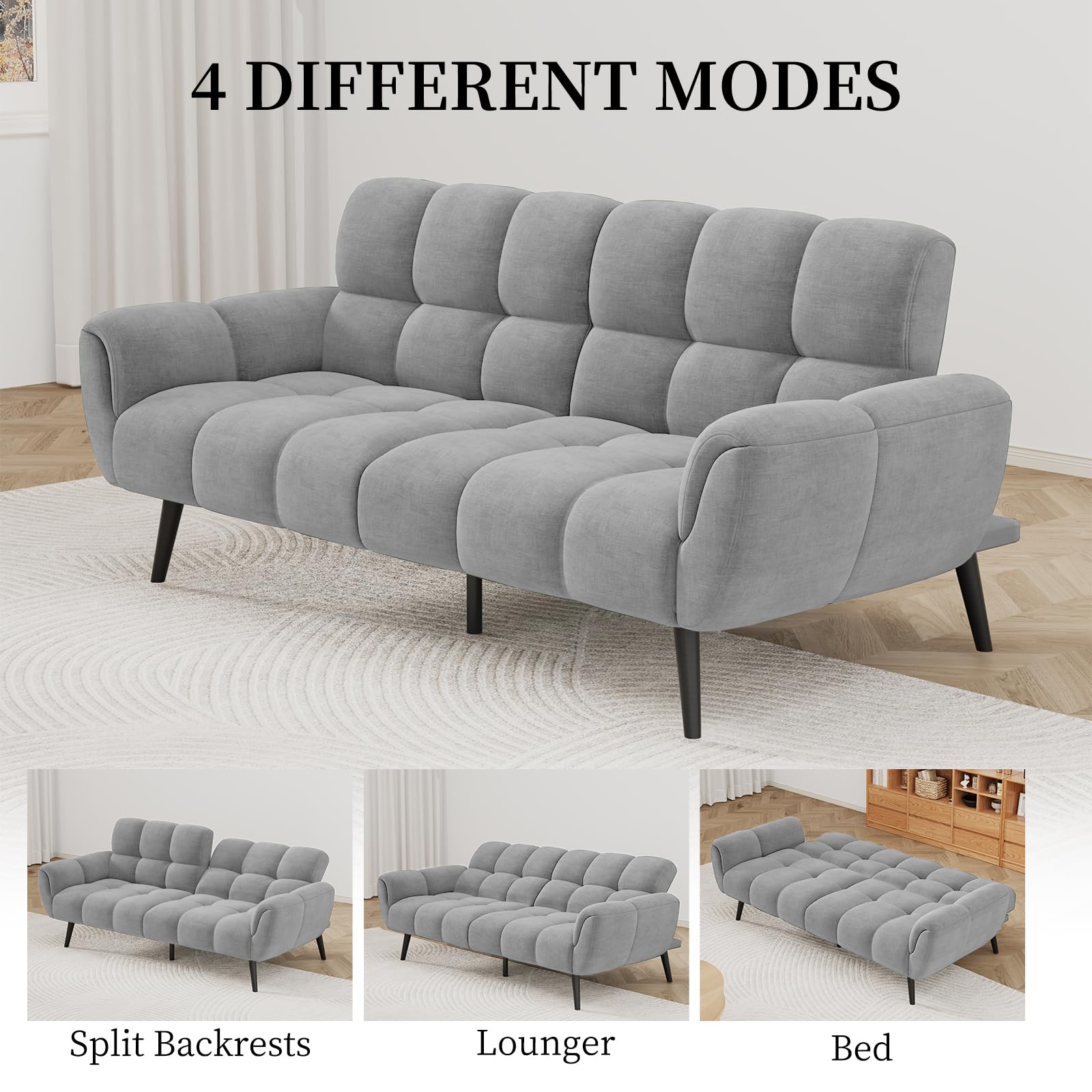 Convertible Futon Sofa Bed 76.77" Grey Linen Sleeper Couch