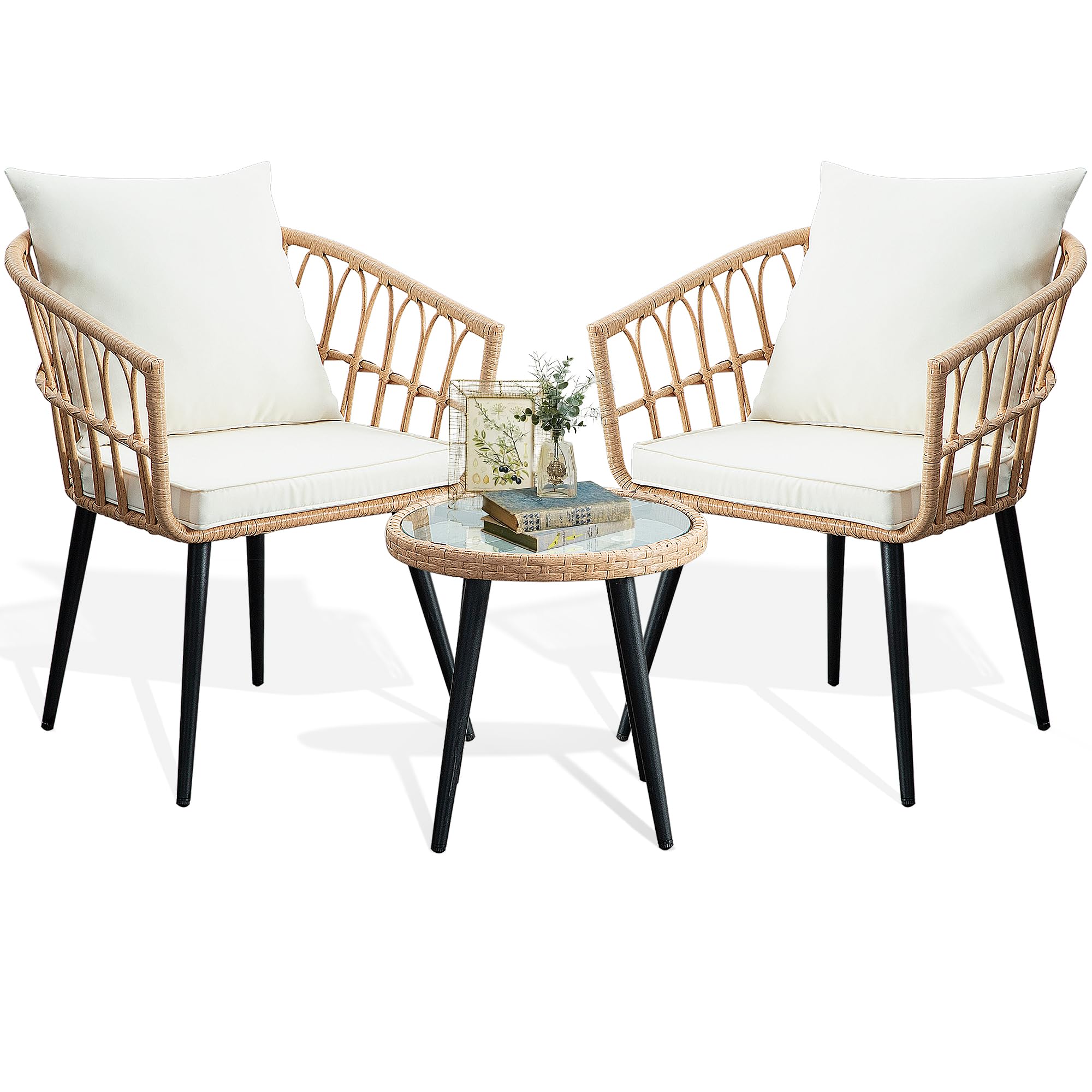 3 Piece Patio Bistro Set with Rattan Table and Chairs