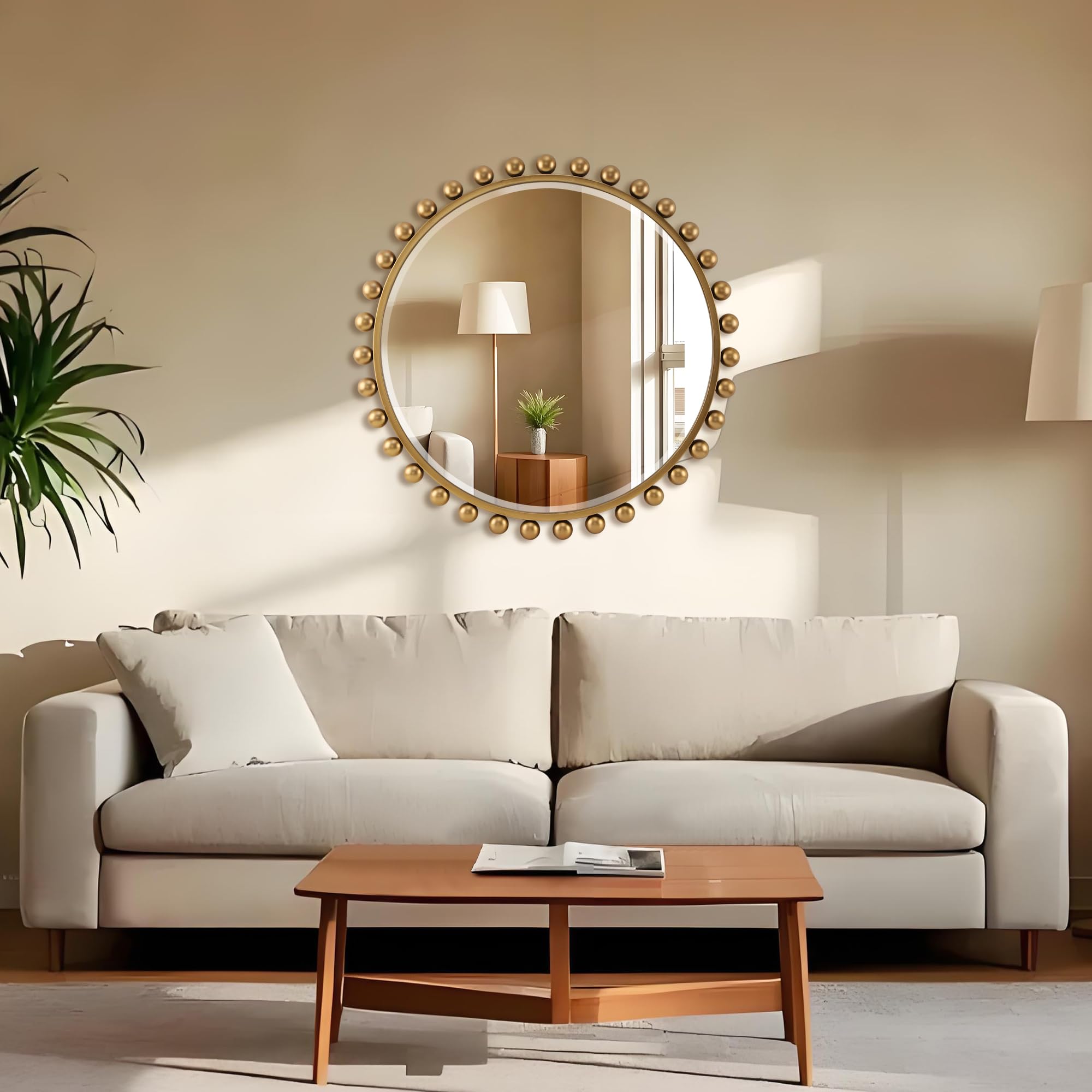 30 Inch Round Wall Mirror with Antique Gold Ball Frame