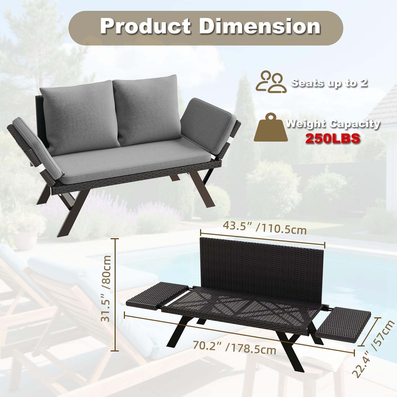 Woven Rattan Patio Loveseat with Adjustable Armrests