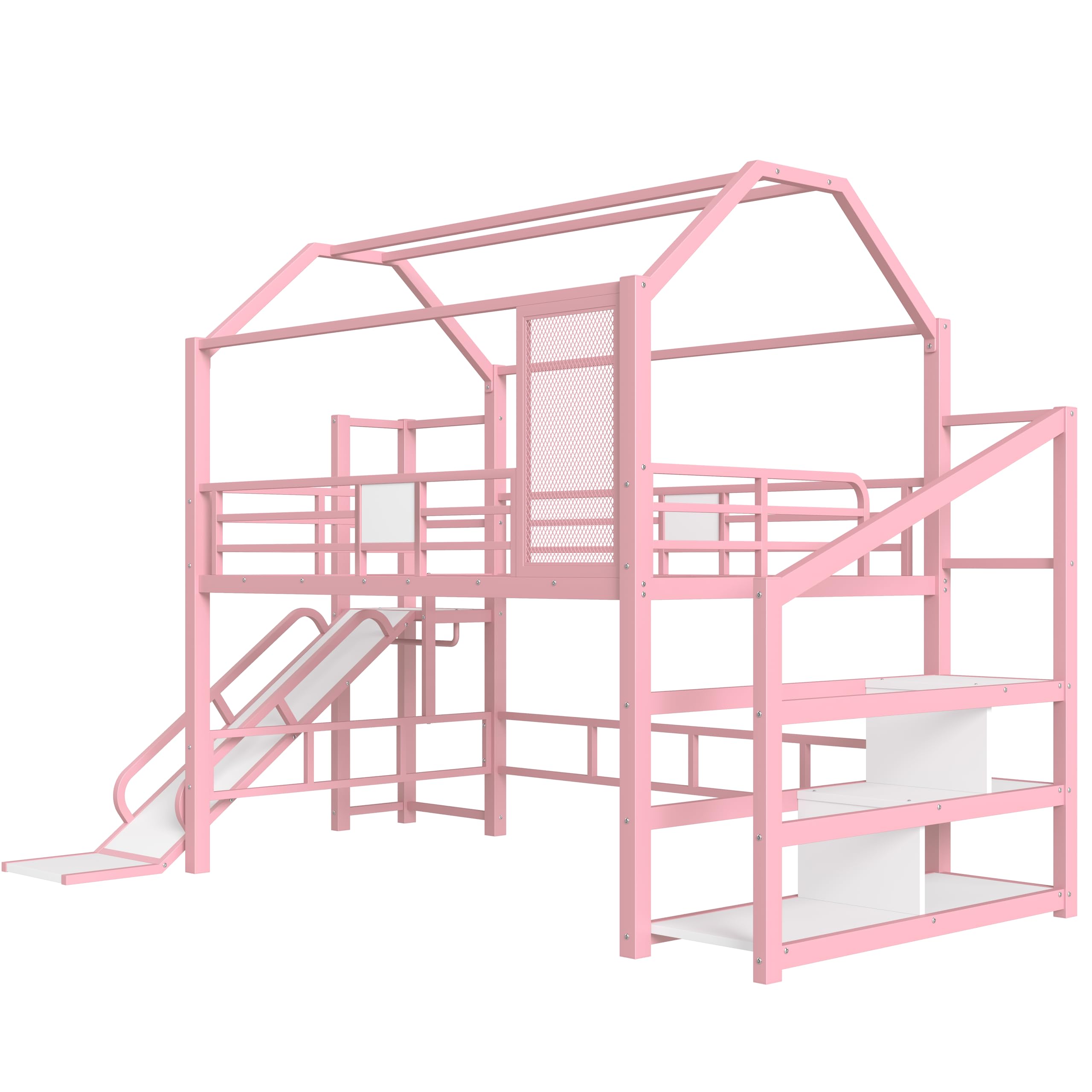 Full Size Metal Loft Bed with Slide and Storage Stairs