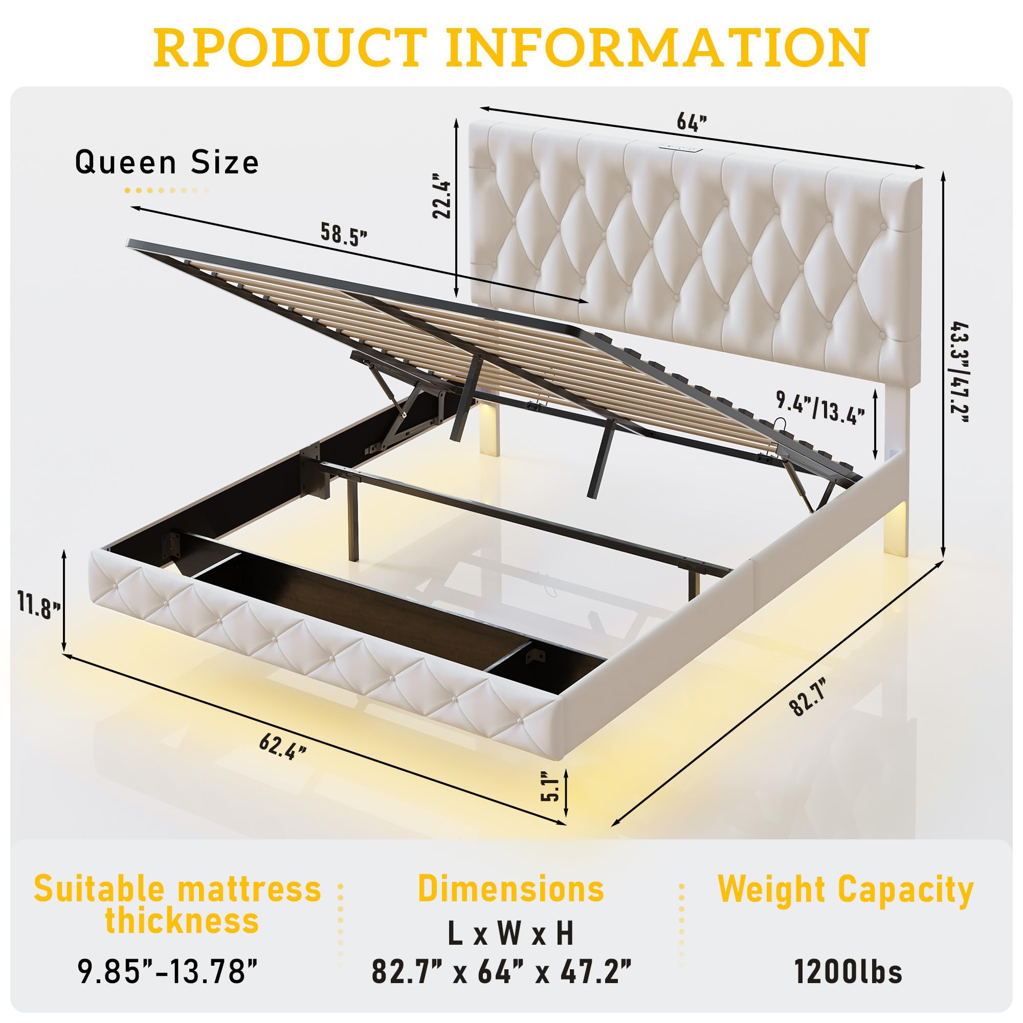 Queen Size Hydraulic Lift Storage Bed with LED Lights