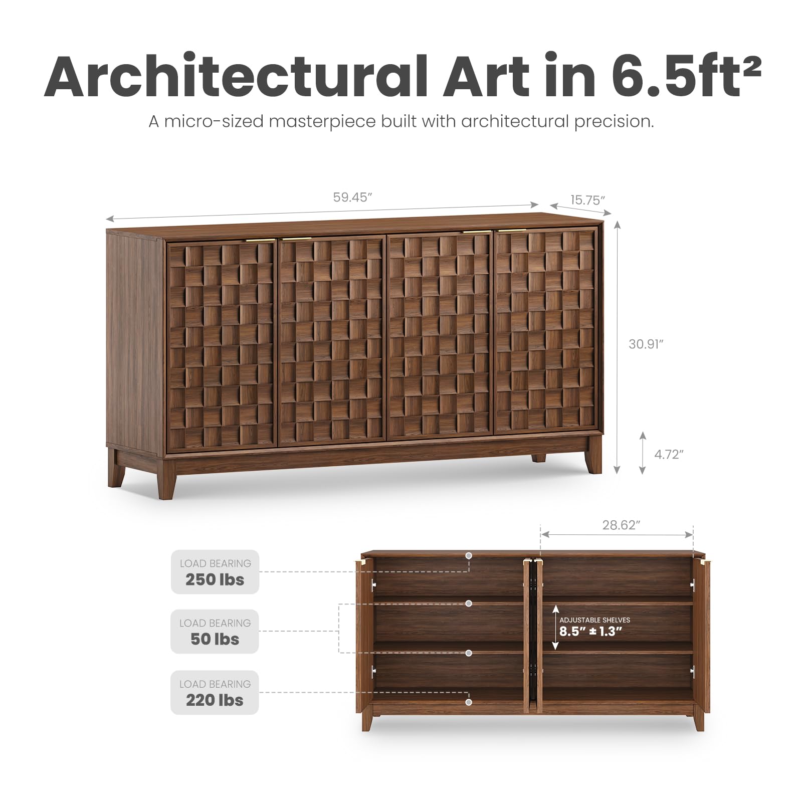 Fluted Sideboard Cabinet with Storage and Adjustable Shelves