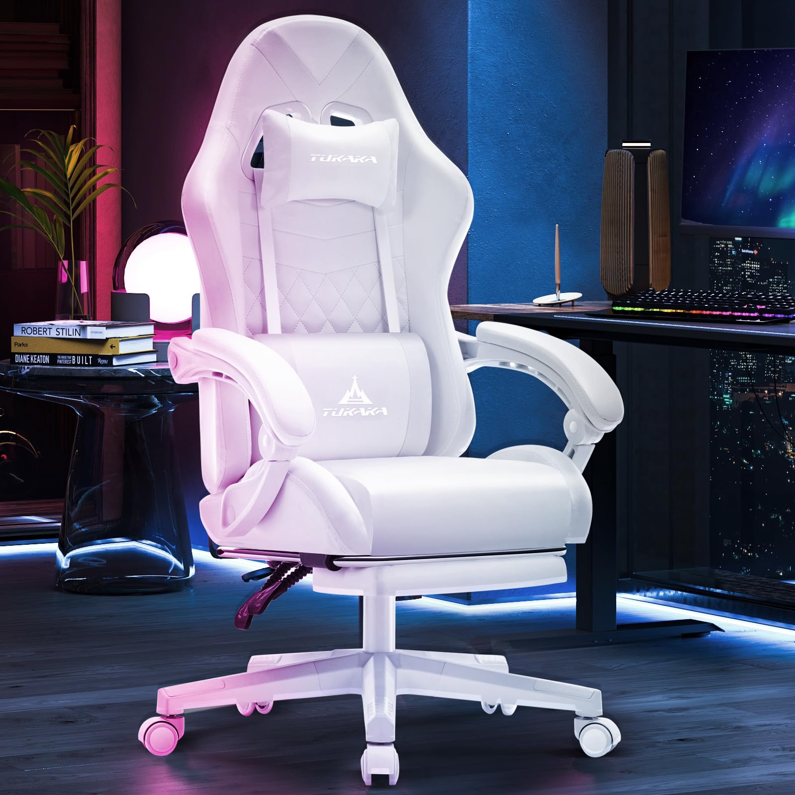 White Ergonomic Gaming Chair with Massage Lumbar and Footrest