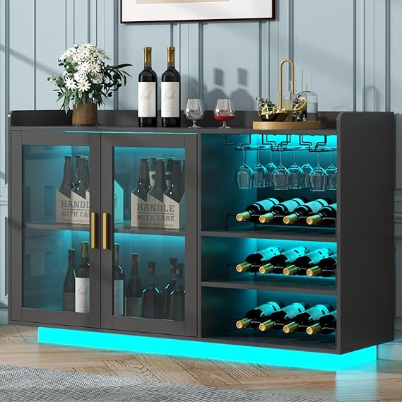 Wine Bar Cabinet with LED Lights and Glass Doors