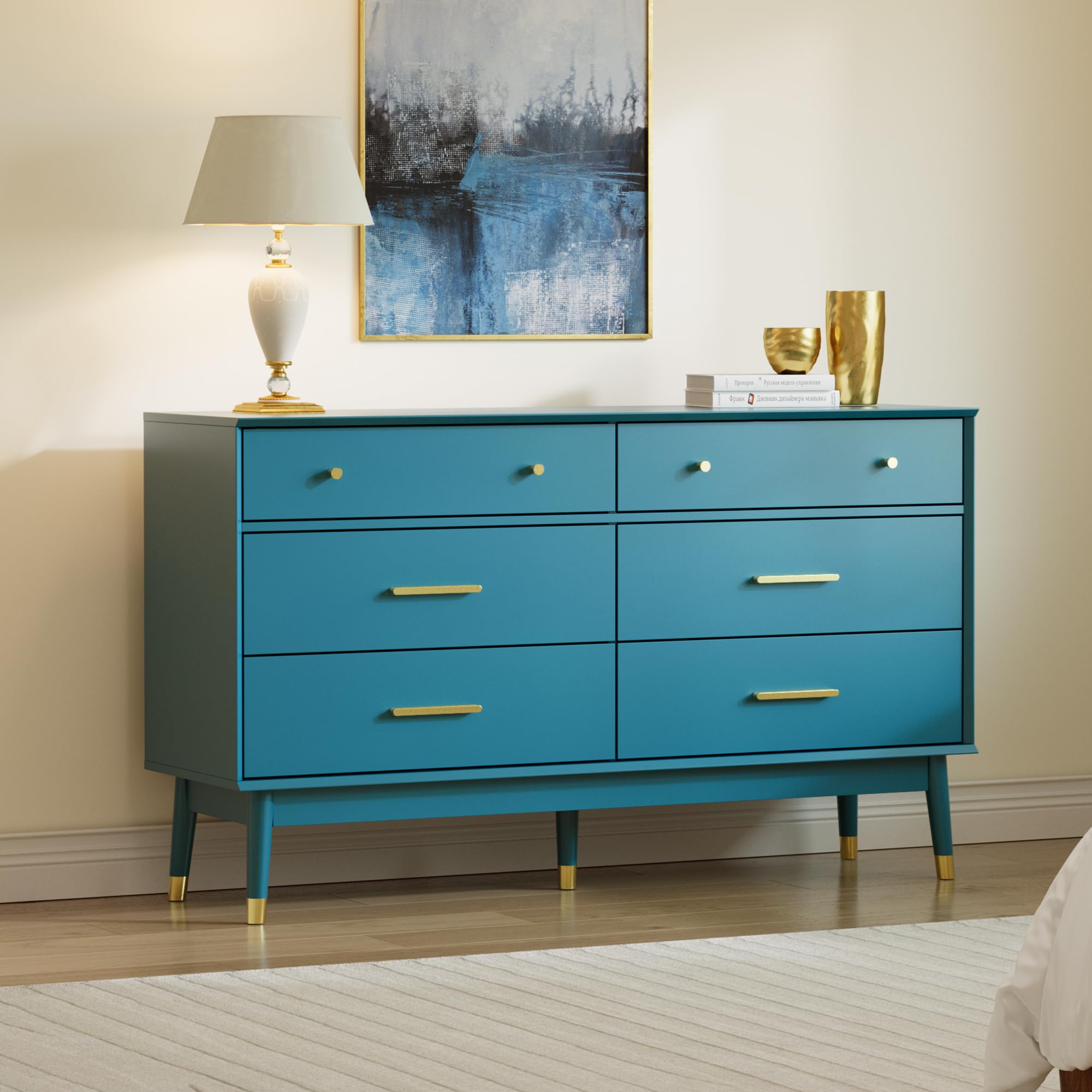 Teal Blue 6 Drawer Dresser with Gold Handles