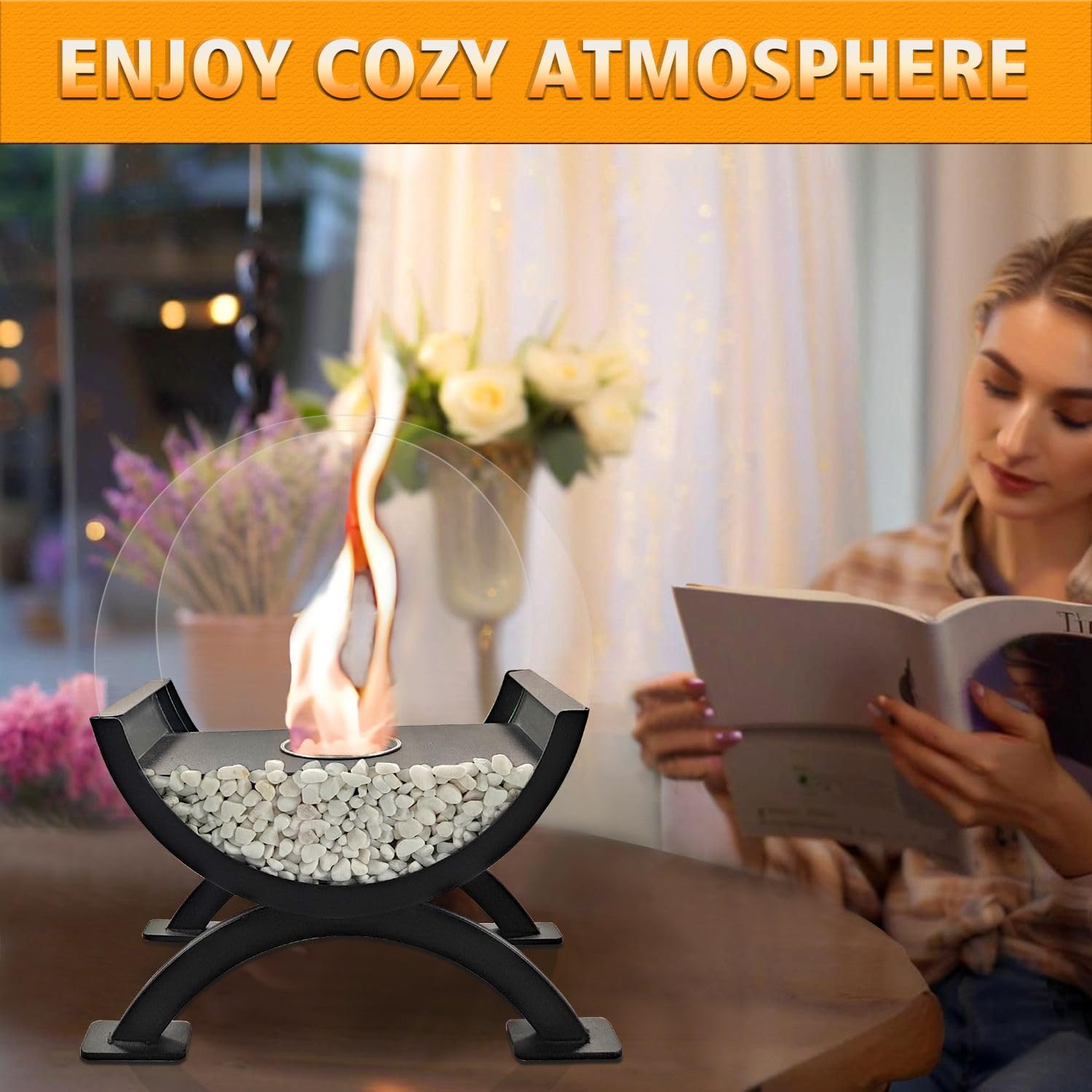 Round Glass Tabletop Fireplace with Tempered Glass