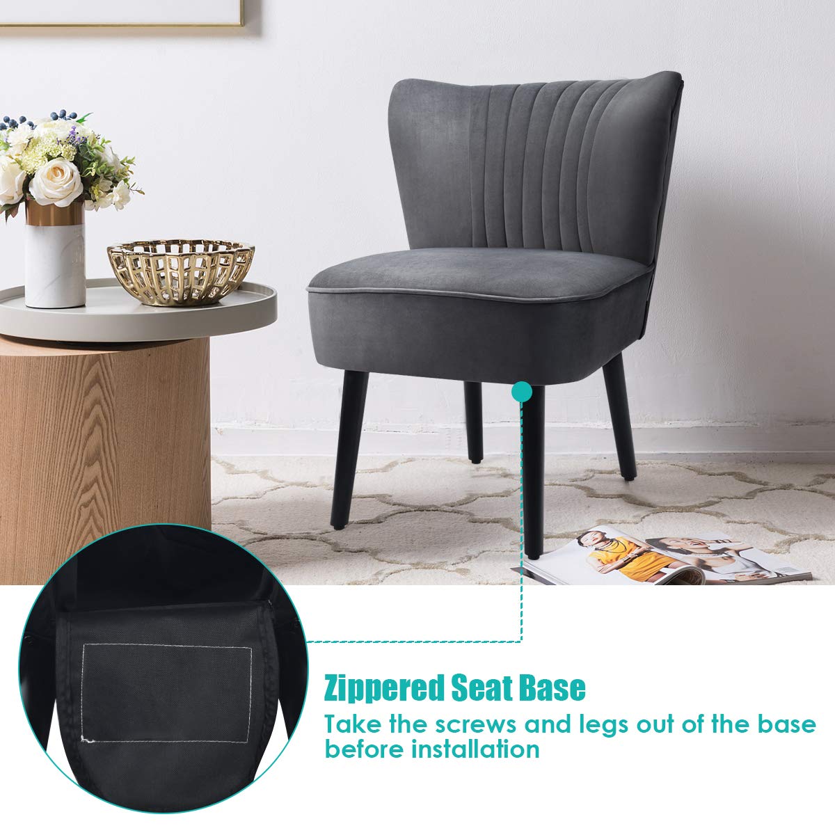 Velvet Accent Chair Set of 2 - Modern Mid-Century Upholstered Armless Side Chair with Curved Backrest