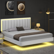 Floating Bed Frame King Size with LED Lights and Upholstered Headboard
