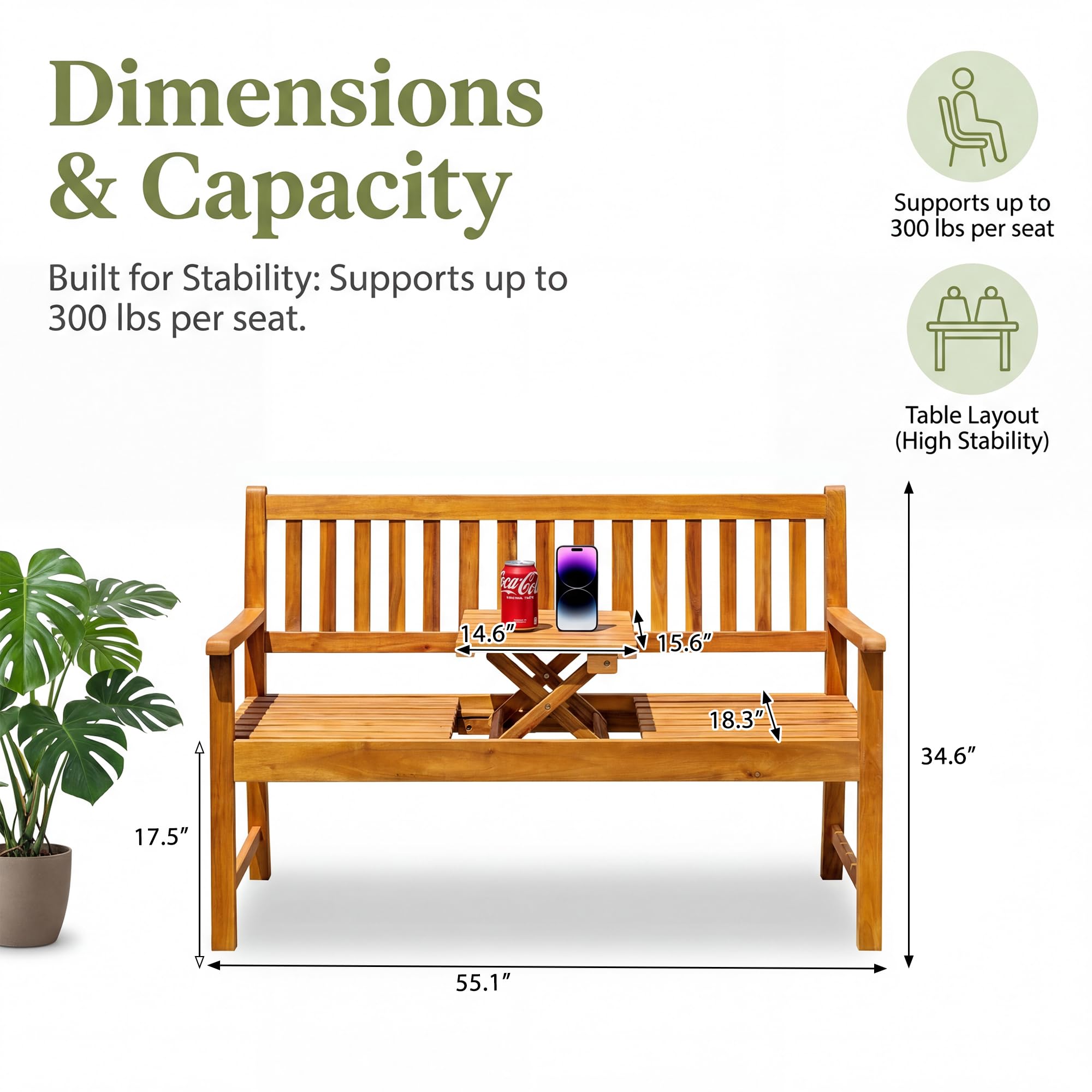 Outdoor Bench with Pull-Out Center Table
