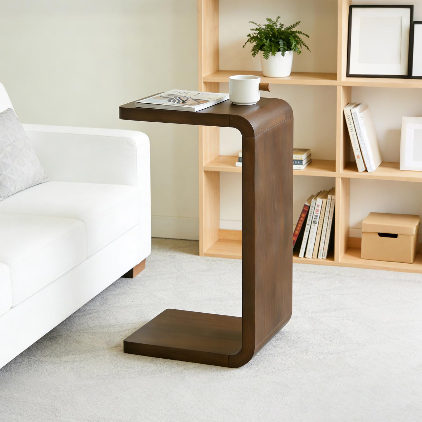 C-Shaped End Table Walnut Wood Sofa Side Table