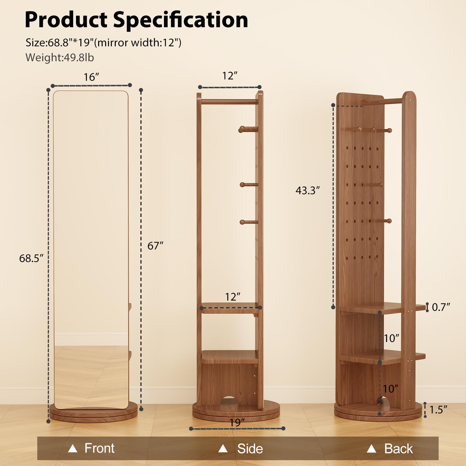 69" Full Length Floor Mirror with Storage Hooks