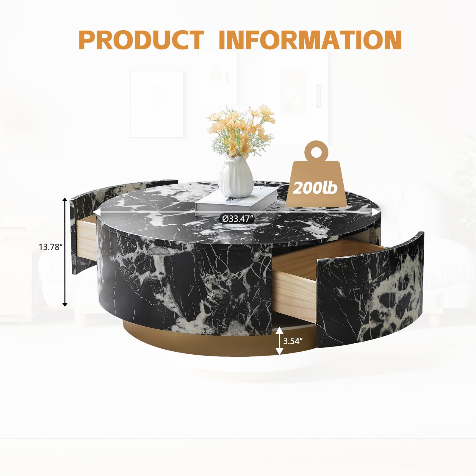 33.47" Round Coffee Table with Drawers and Faux Marble Surface