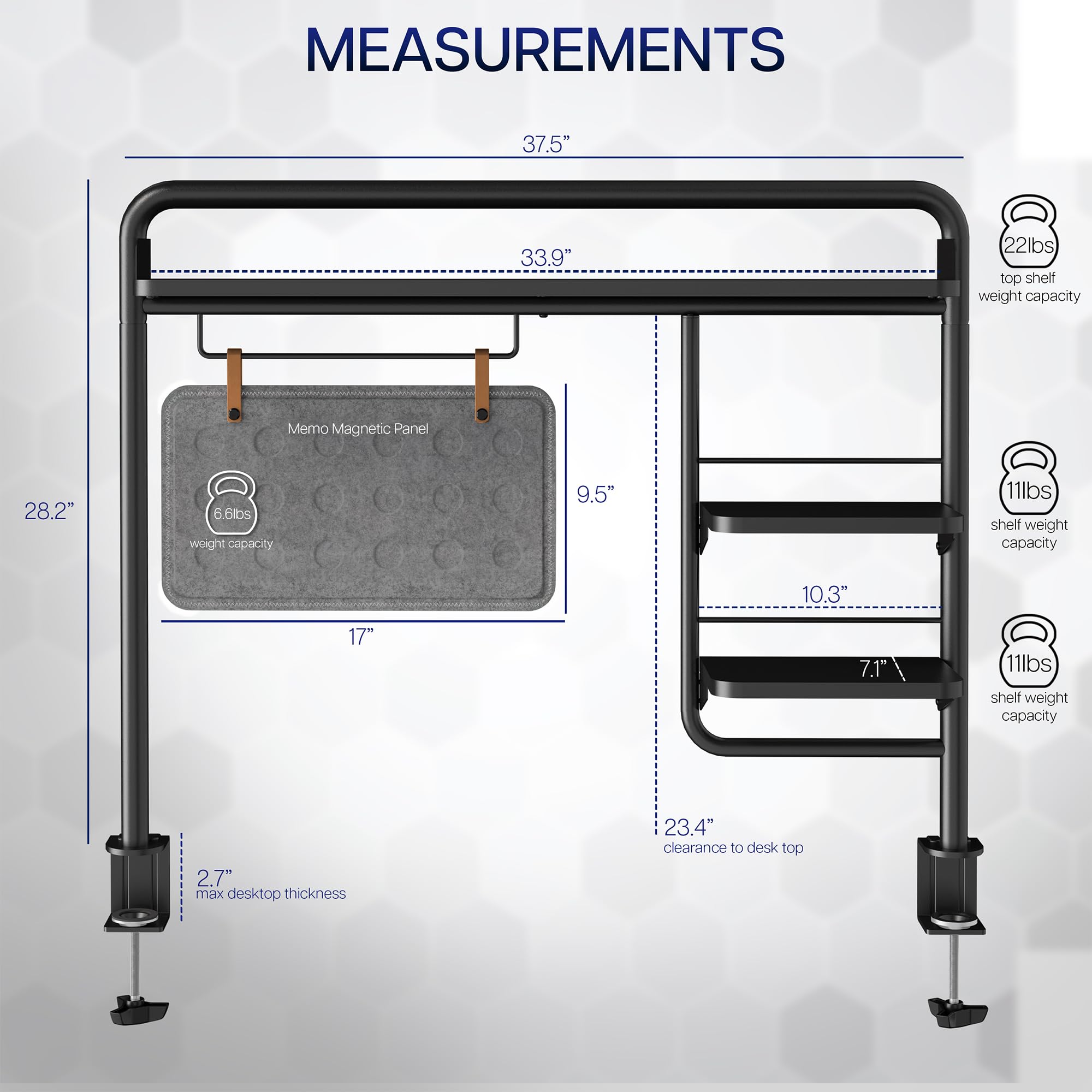 38 Inch Clamp-On Desktop Shelving System with Magnetic Memo Board