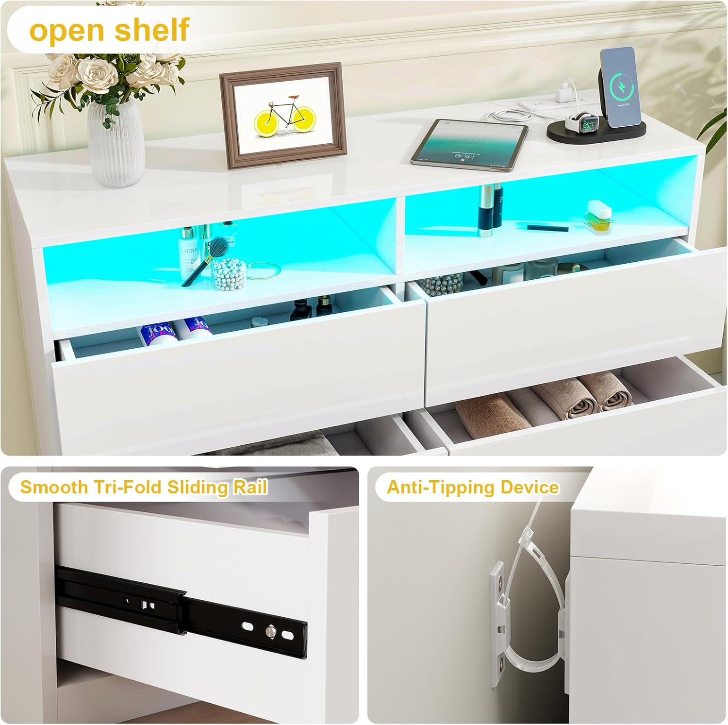 6 Drawer Dresser with TV Stand, LED Lights & Power Outlet