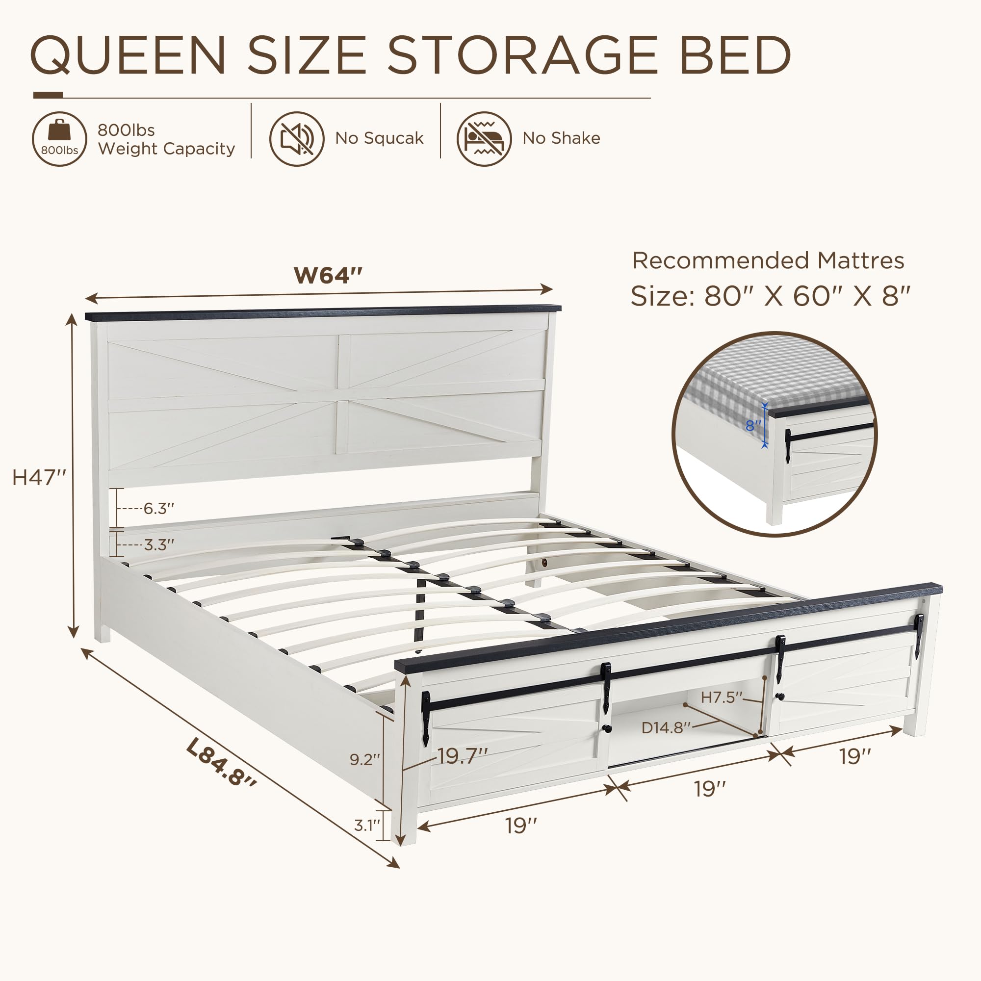 Farmhouse Wood Bed Frame Queen Size with Storage Cabinets