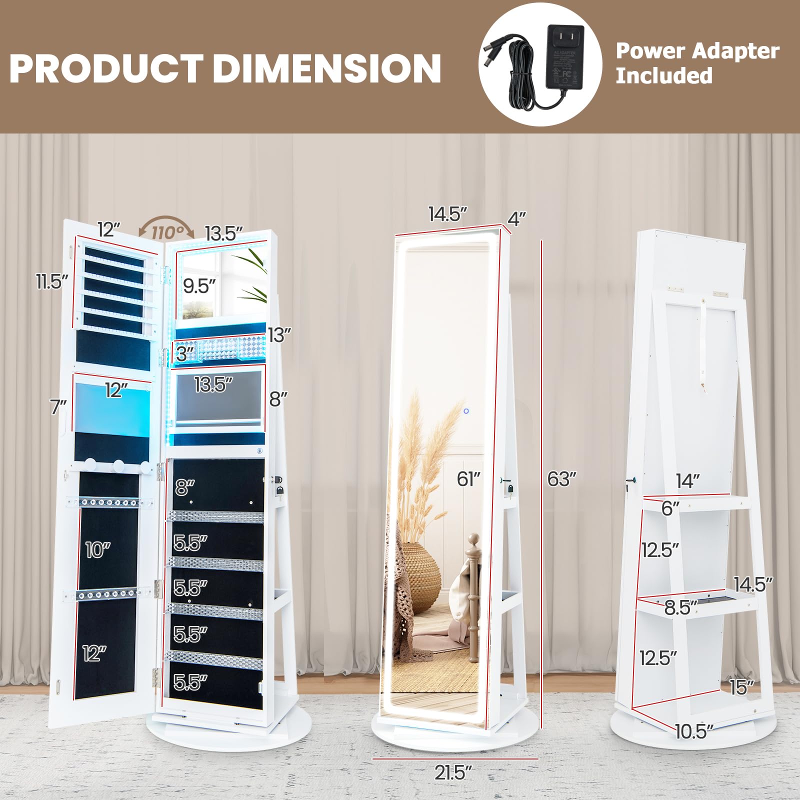 Swivel LED Mirror Jewelry Cabinet Armoire Full Length with Storage