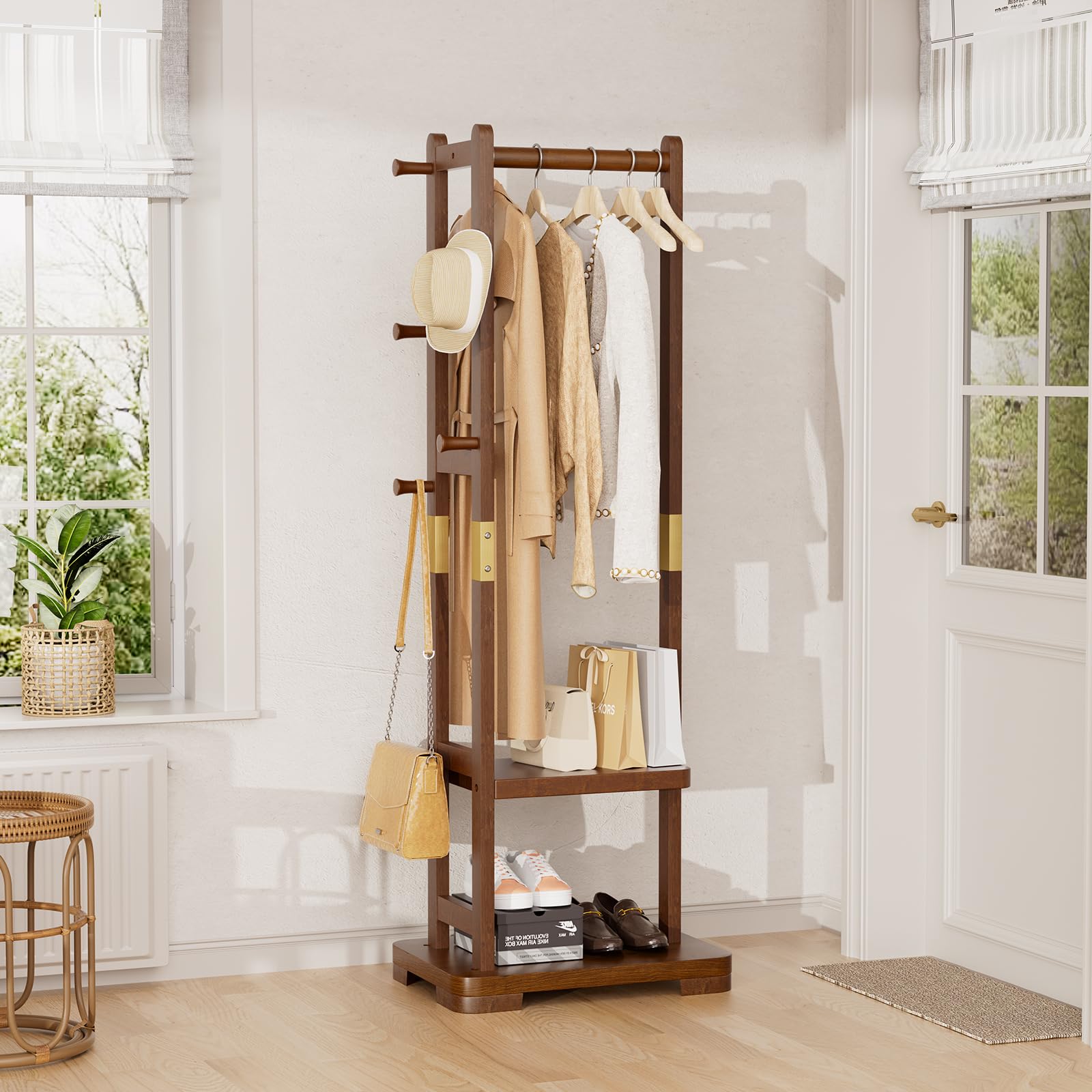 Solid Wood Coat Rack with 2 Shelves & 4 Hooks