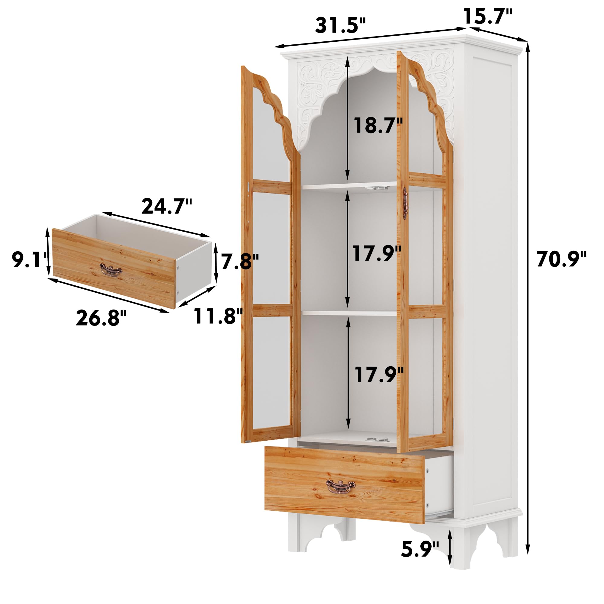 70.9" Kitchen Pantry Cabinet with Glass Doors and Drawer