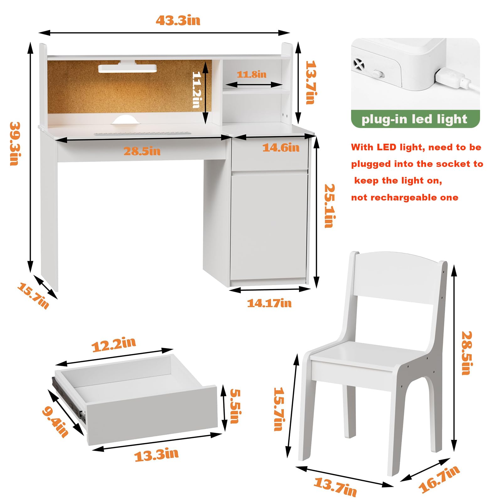 Kids Study Desk and Chair Set with LED Lamp and Storage