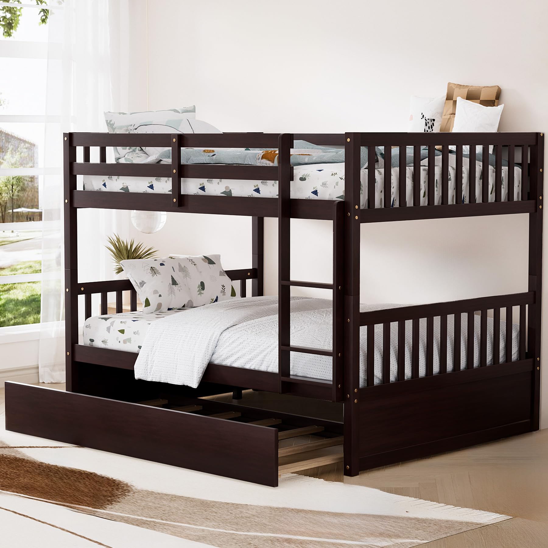Full Over Full Bunk Bed with Trundle and Safety Rails