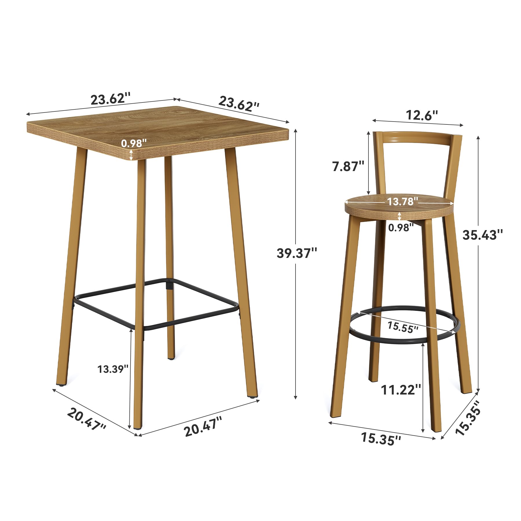 39.4" Square Bistro Pub Table Set with 2 Chairs