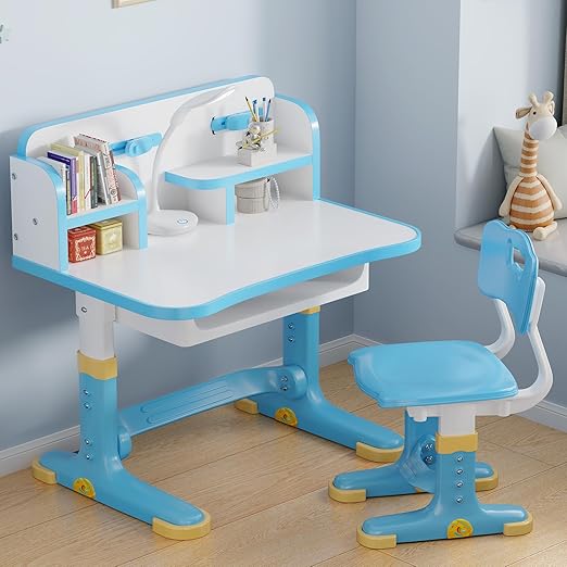 Kids Desk and Chair Set - Height Adjustable Study Writing Table with Bookstand and Storage Drawer