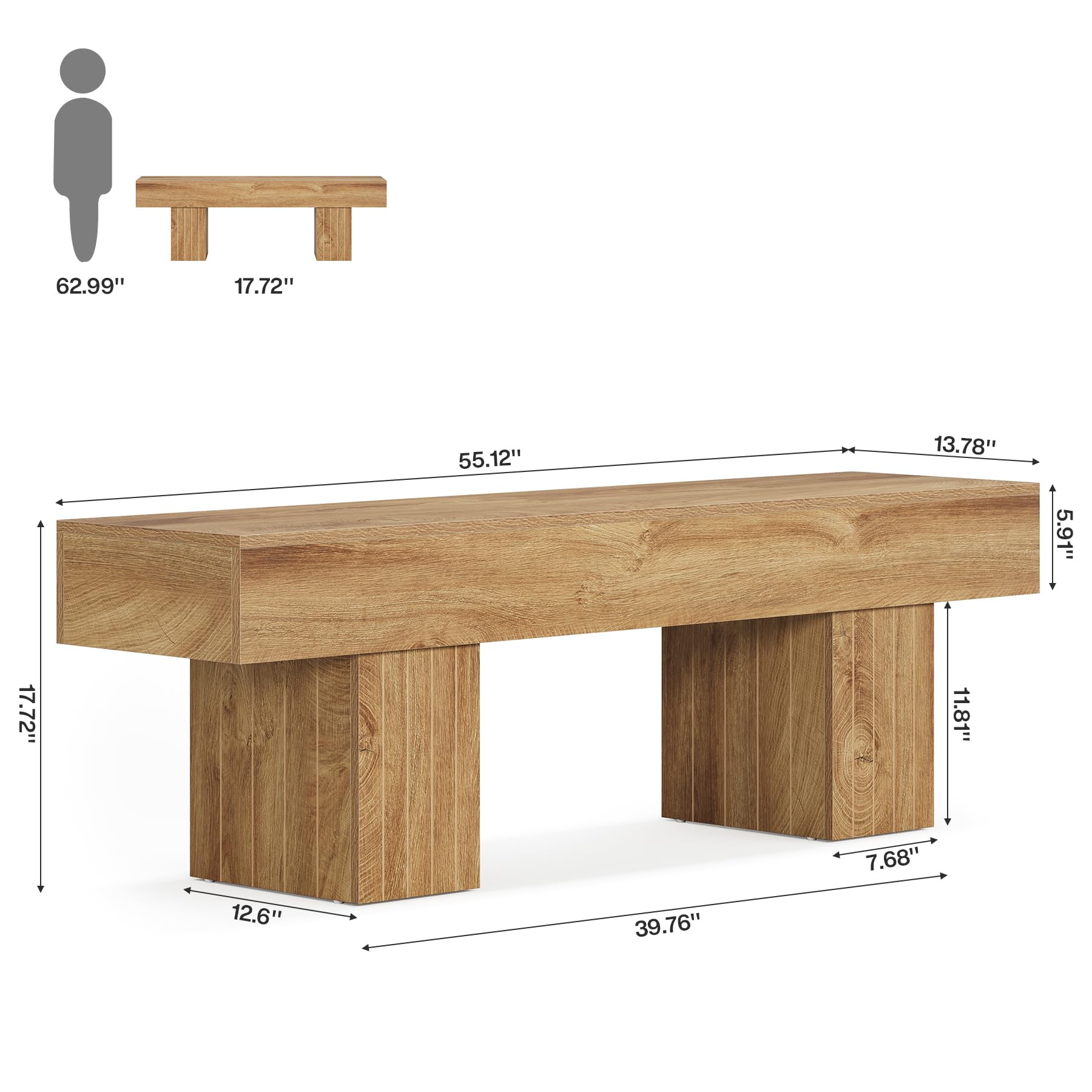 55" Farmhouse Dining Bench - Wooden Entryway Bench